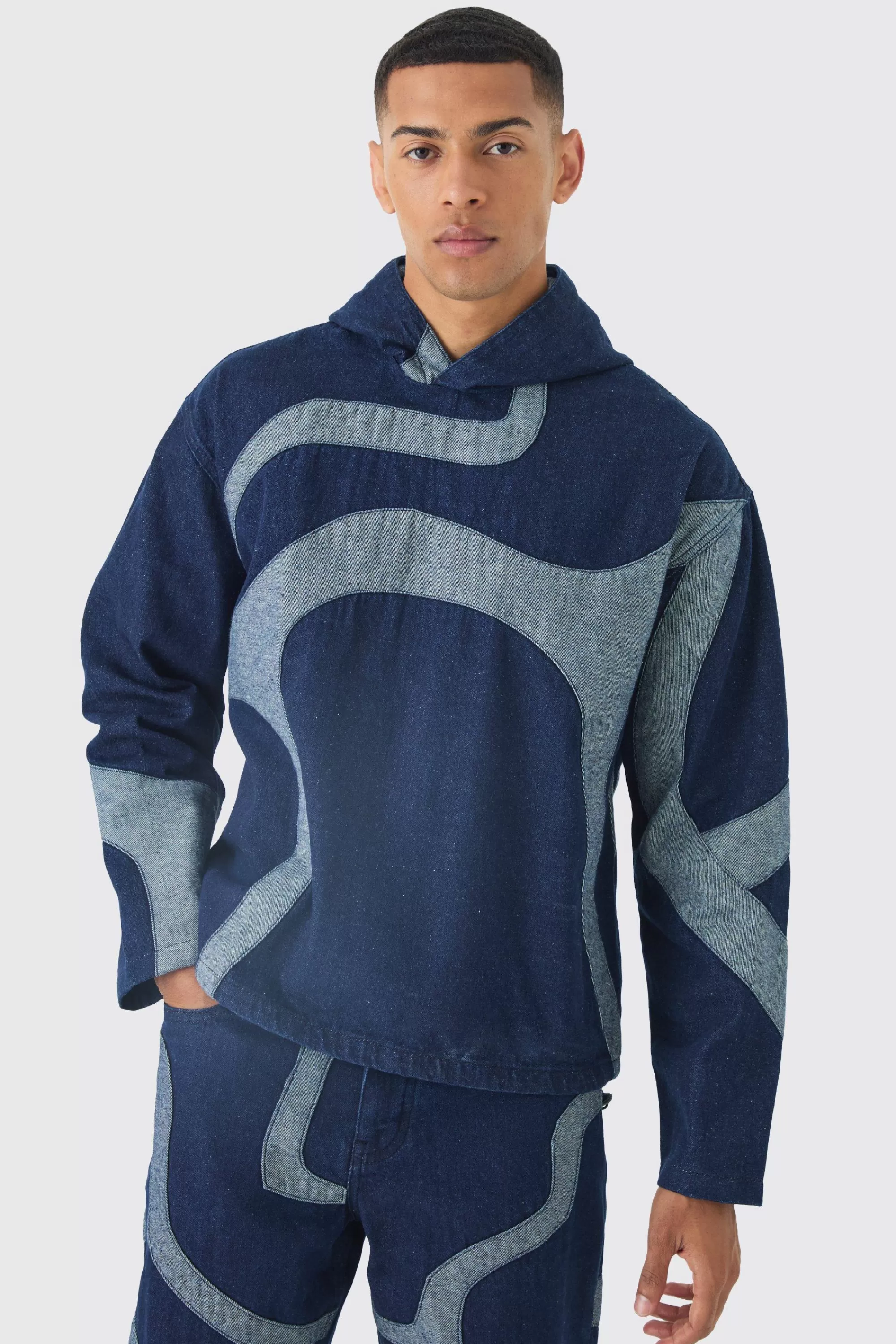 boohooMAN Boxy Denim Patchwork Applique Hoodie | UK