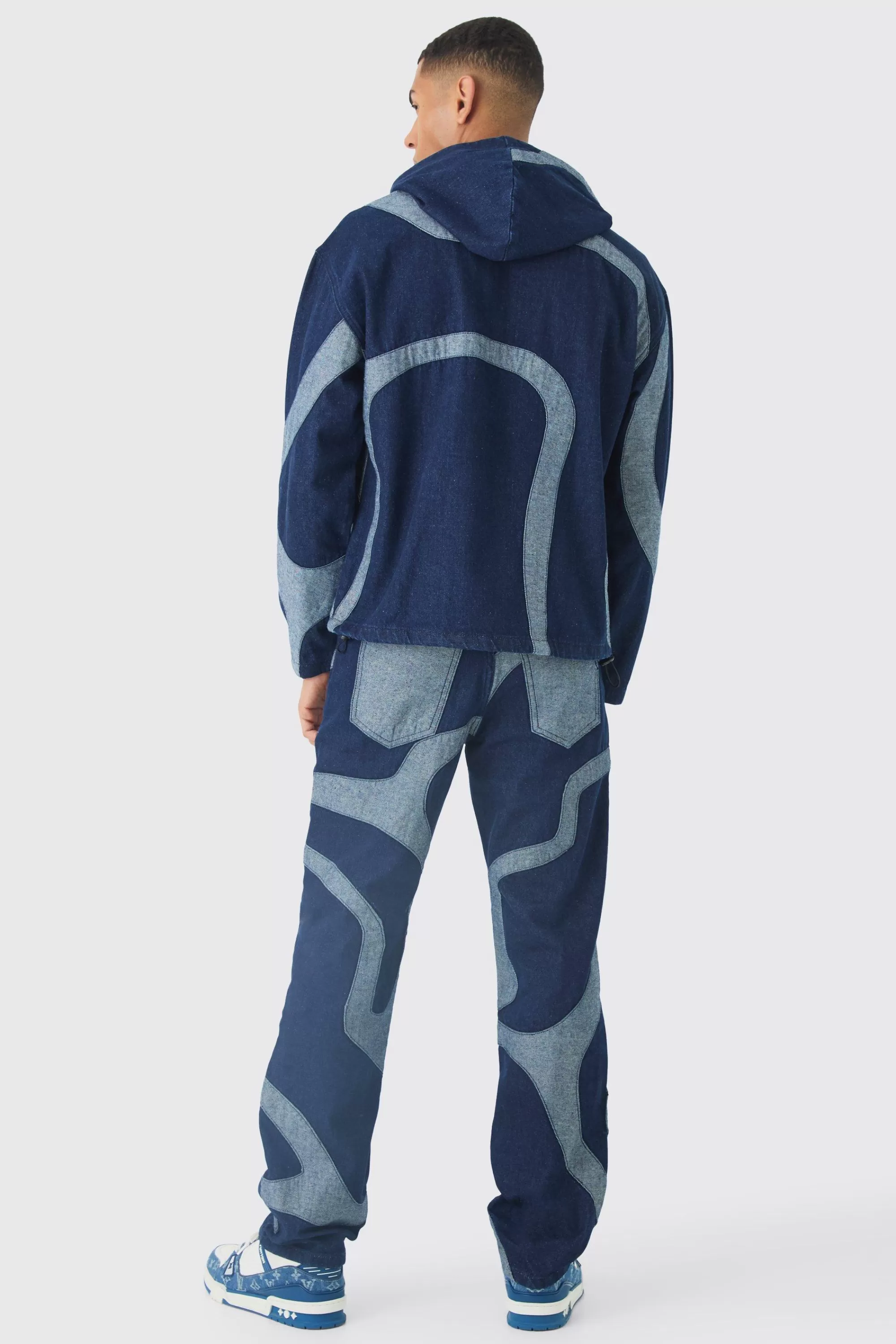 boohooMAN Boxy Denim Patchwork Applique Hoodie | UK