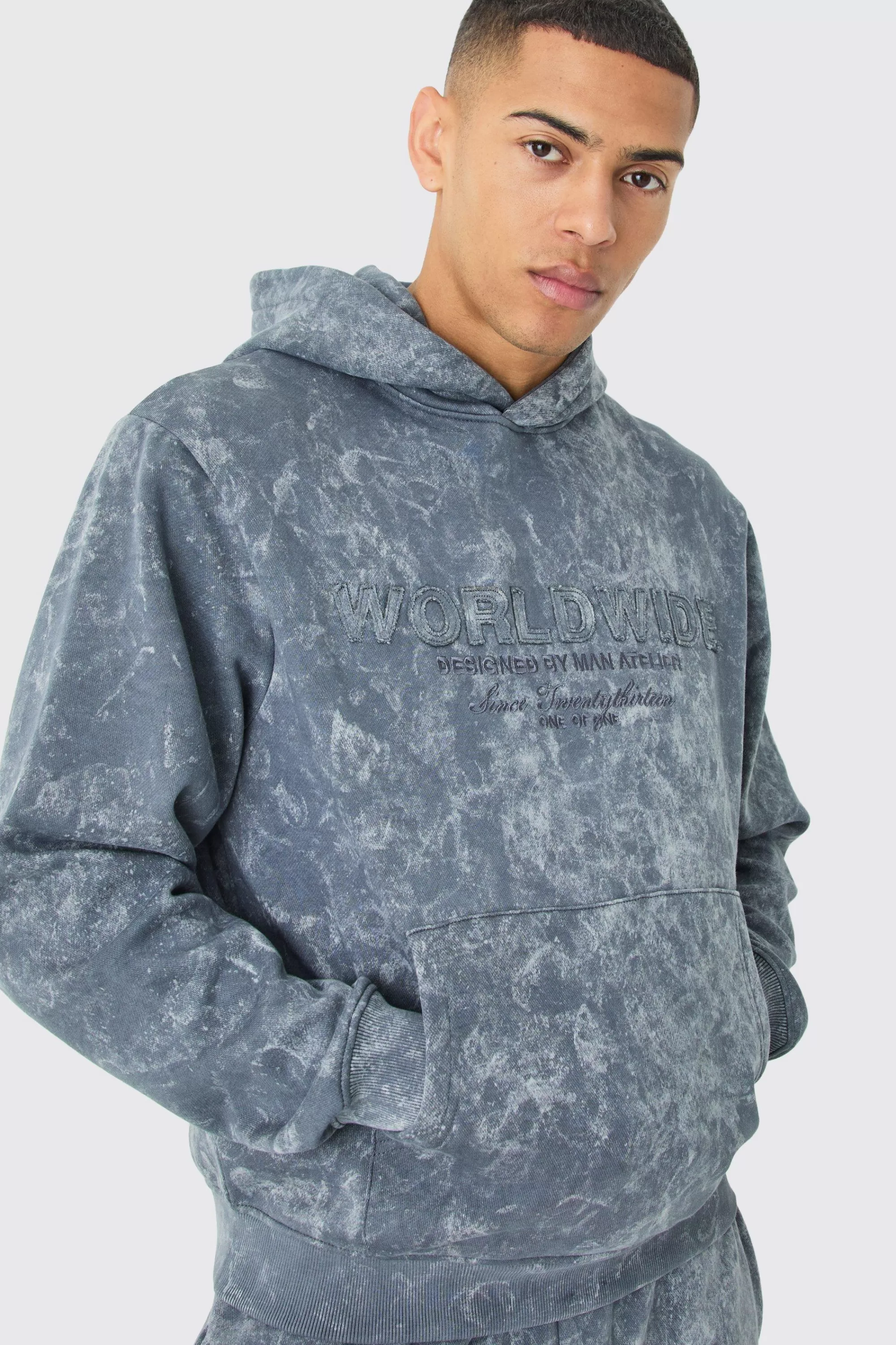 boohooMAN Boxy Distressed Applique Washed Hoodie | UK