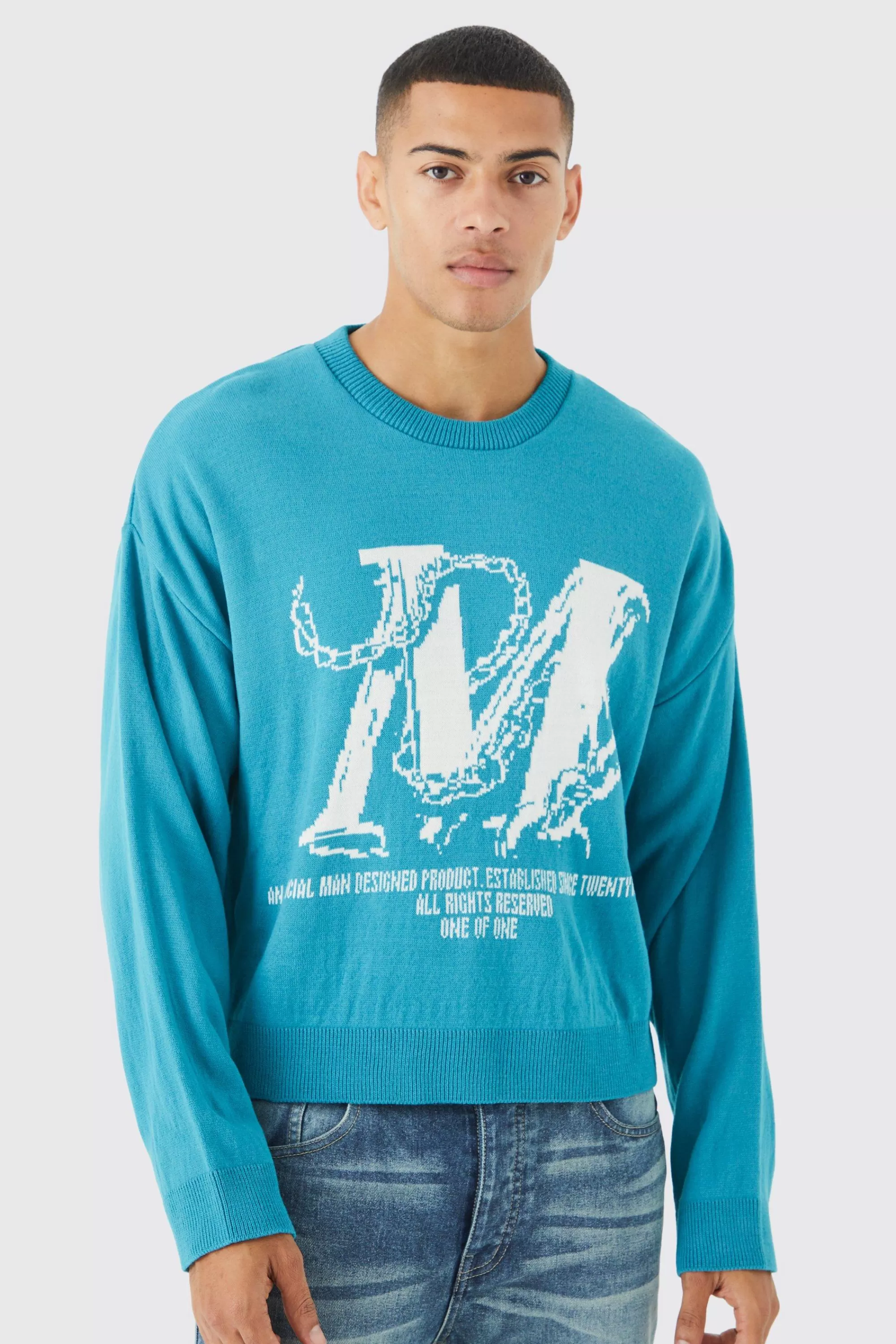 boohooMAN Boxy Drop Shoulder Graphic Knitted Jumper | UK