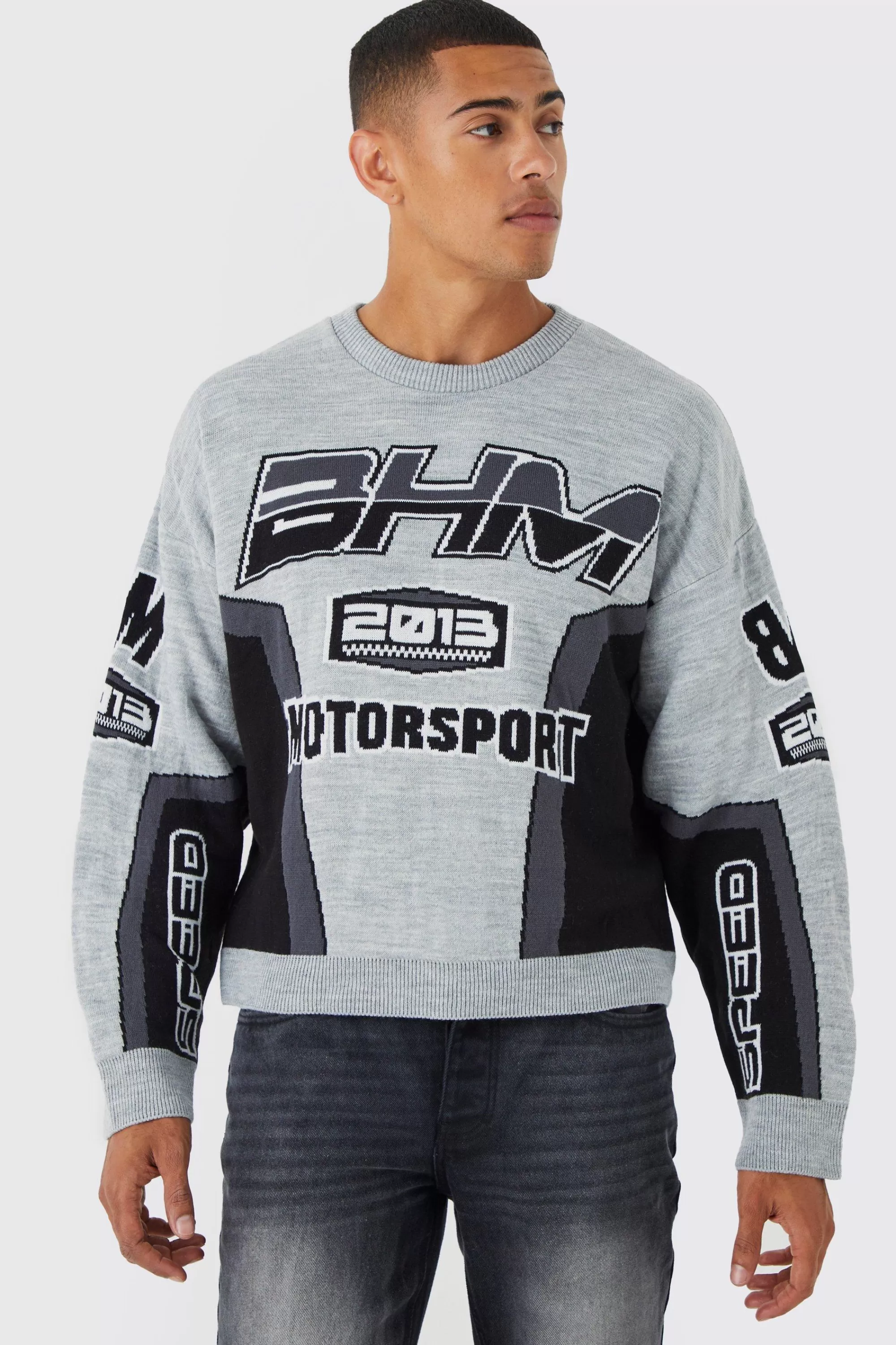 boohooMAN Boxy Drop Shoulder Moto Knitted Jumper | UK