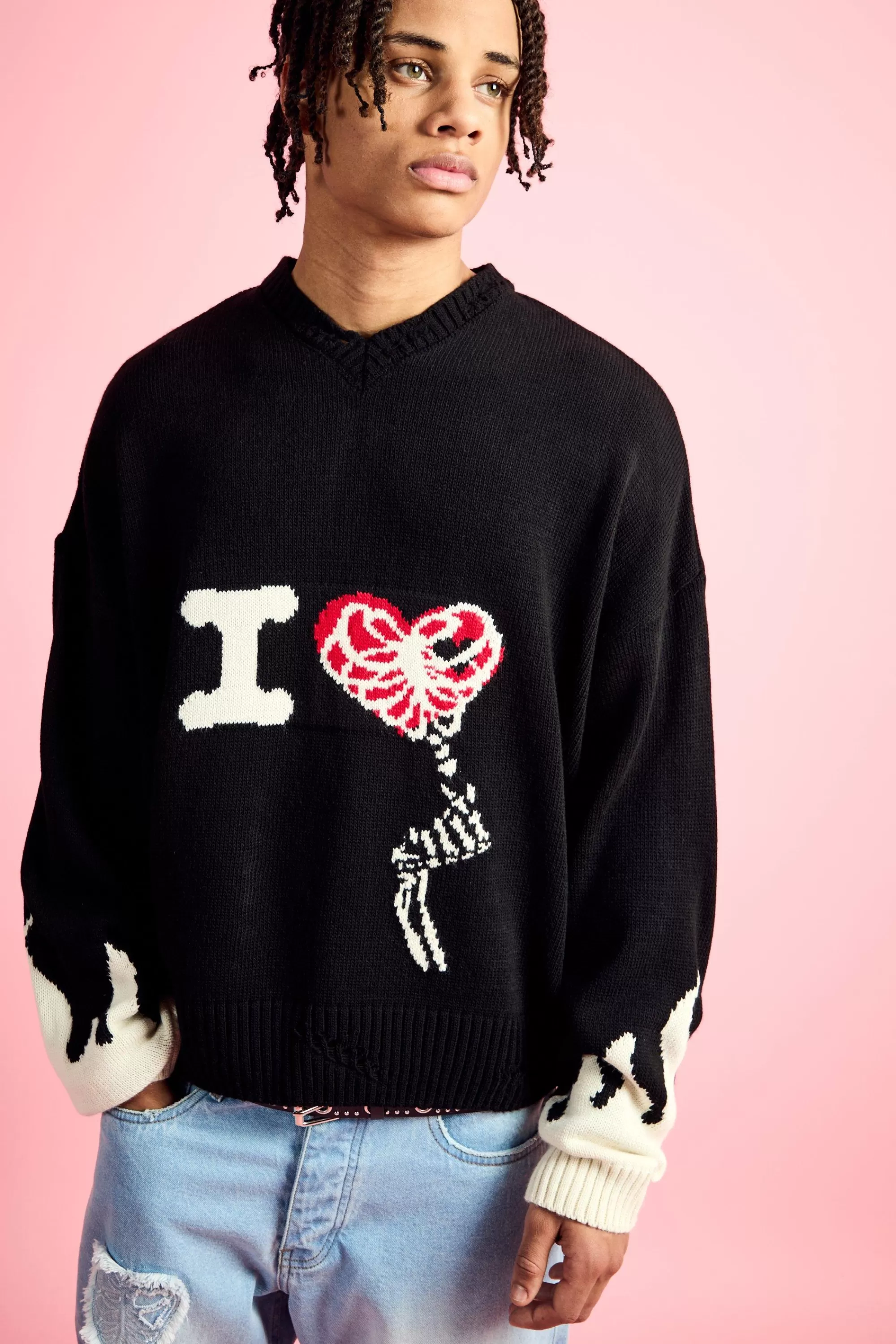 boohooMAN Boxy Drop Shoulder V Neck Graphic Jumper | UK