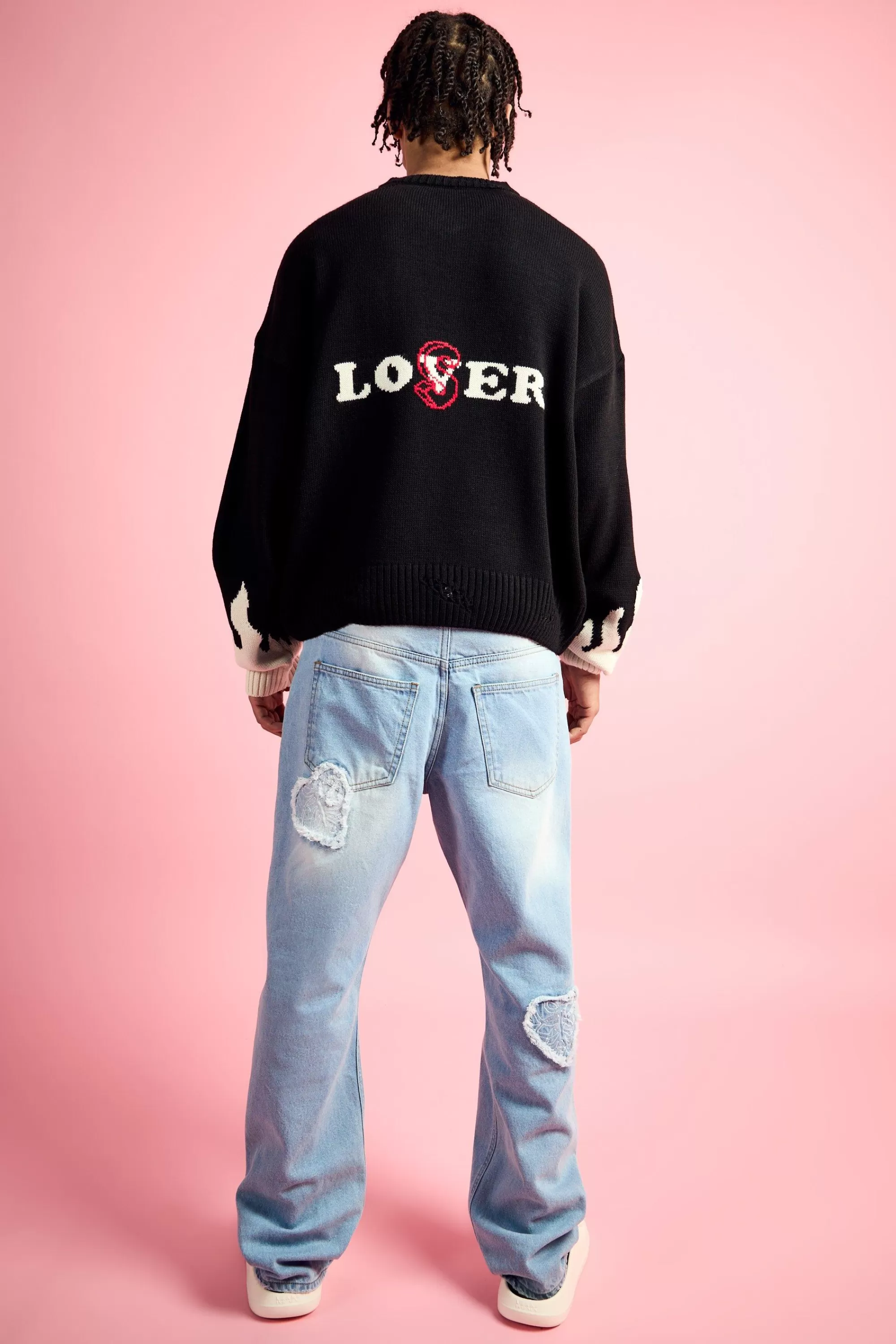 boohooMAN Boxy Drop Shoulder V Neck Graphic Jumper | UK