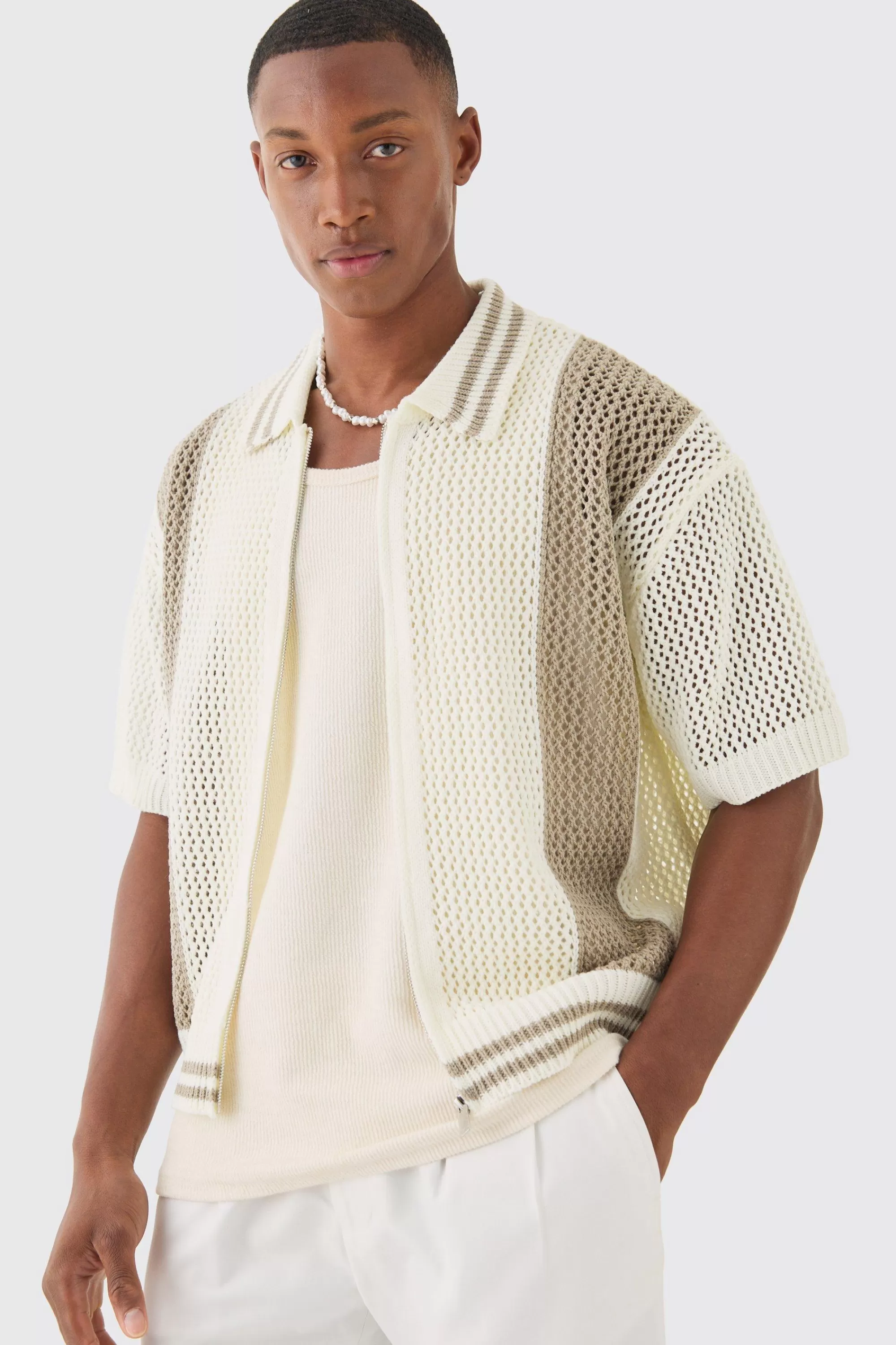 boohooMAN Boxy Dual Zip Open Stitch Colour Block Shirt | UK