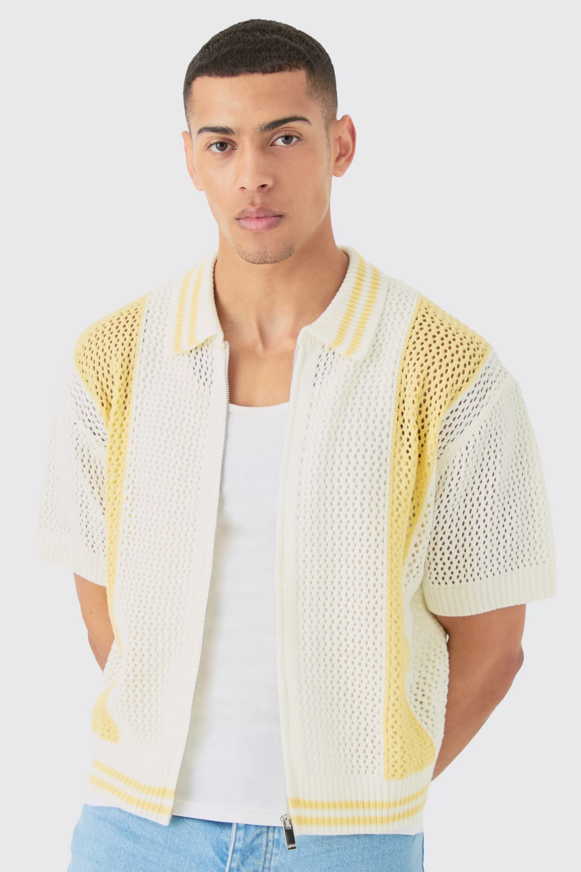 boohooMAN Boxy Dual Zip Open Stitch Colour Block Shirt | UK