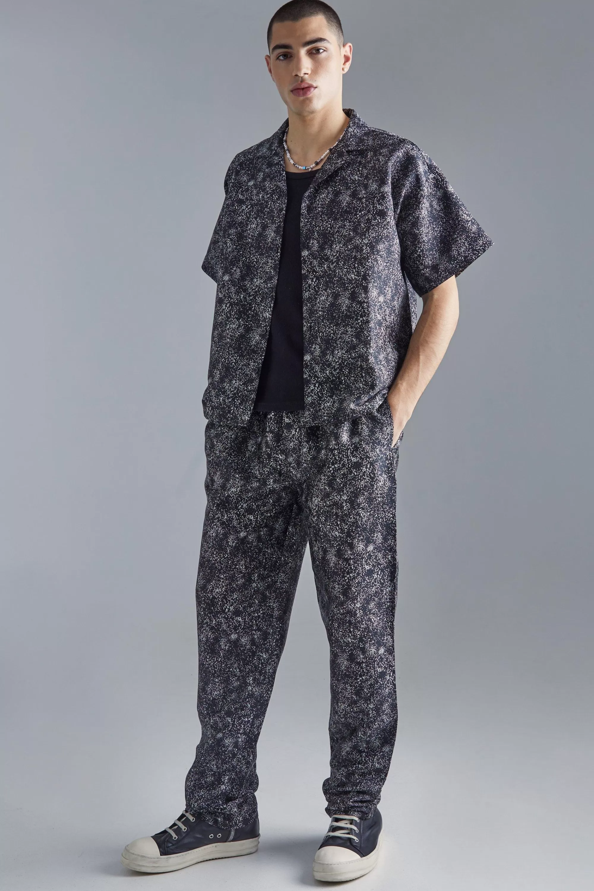 boohooMAN Boxy Fabric Interest Shirt And Trouser Set | UK