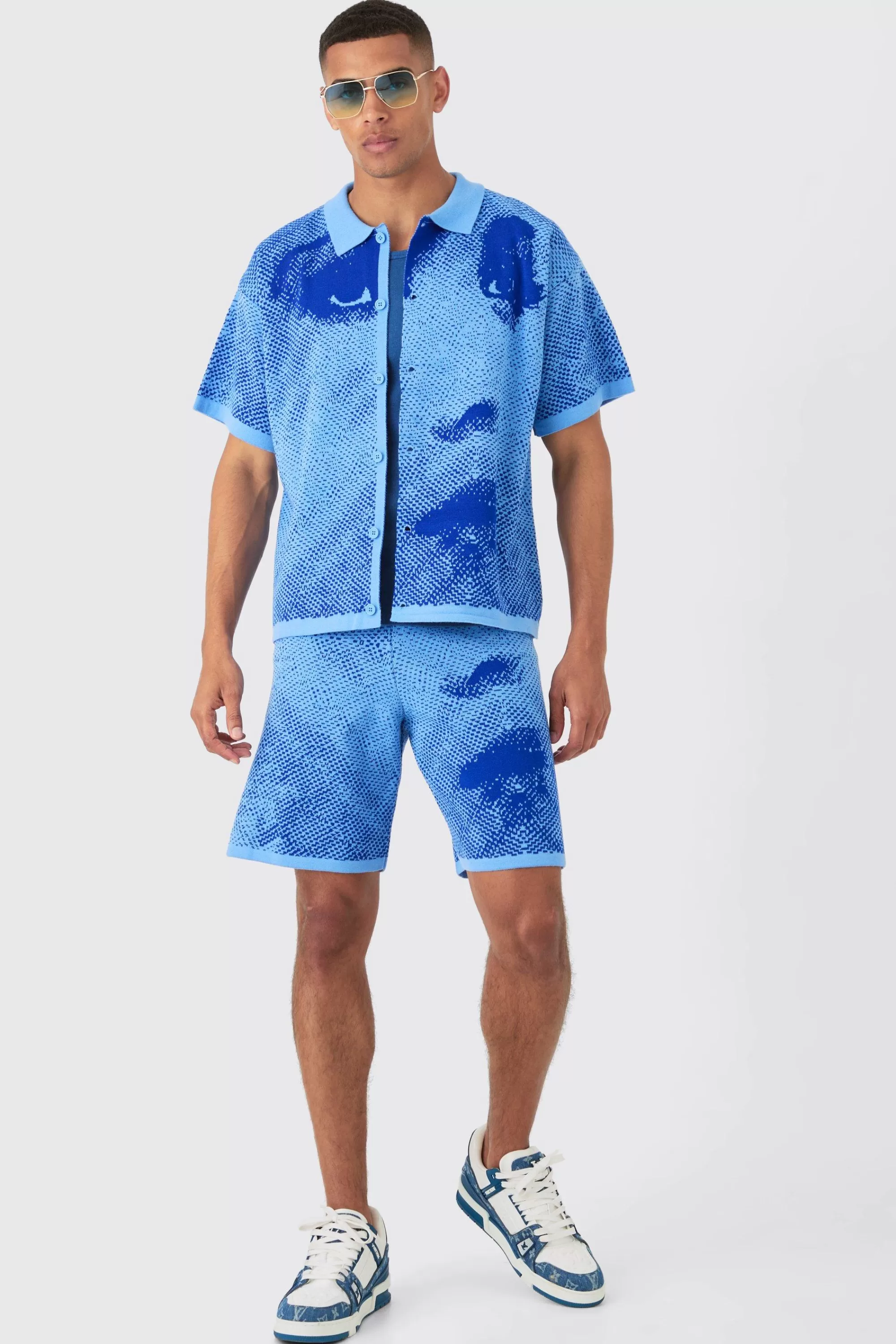 boohooMAN Boxy Face Jacquard Knitted Shirt And Short Set | UK