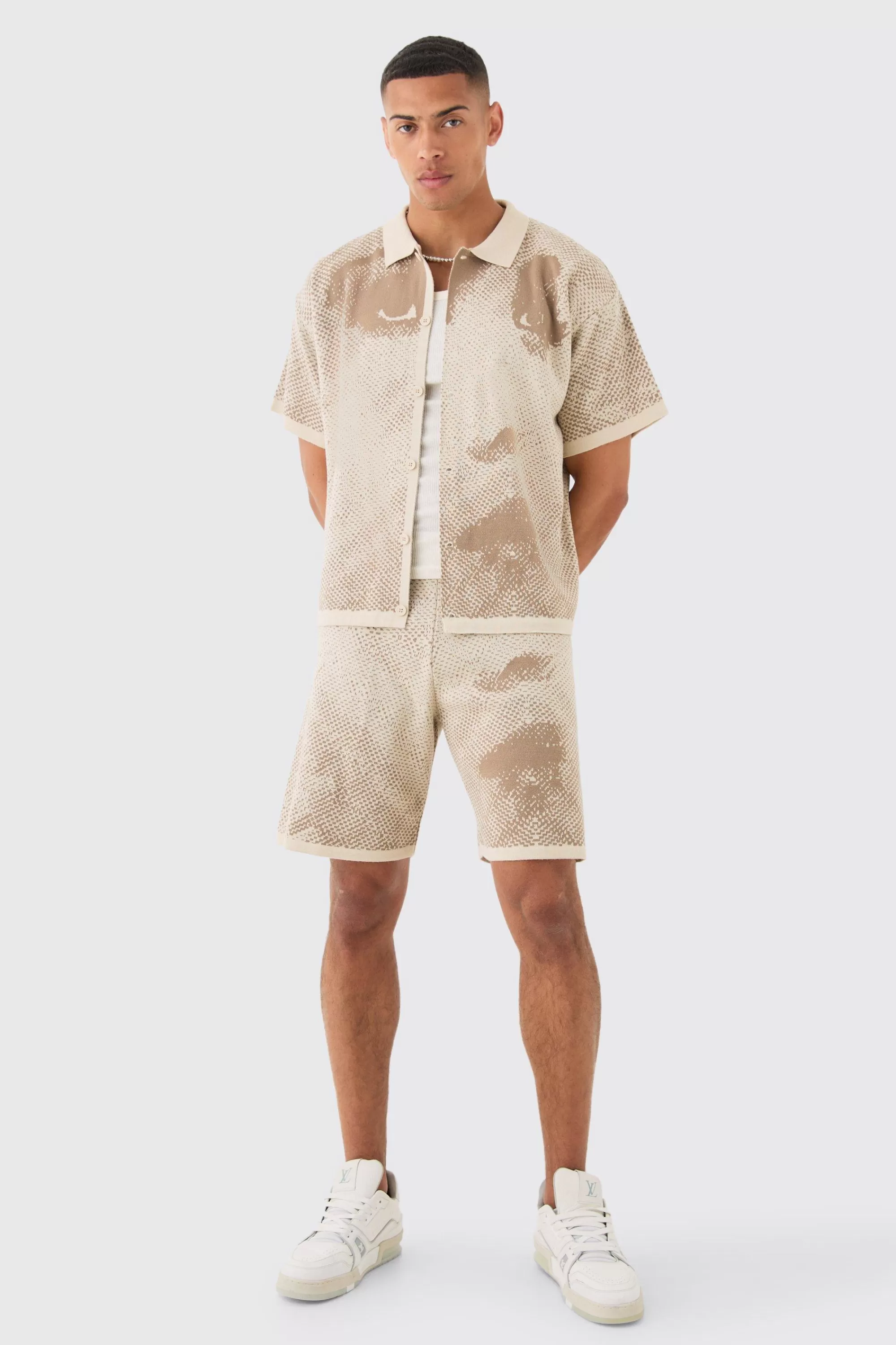 boohooMAN Boxy Face Jacquard Knitted Shirt And Short Set | UK