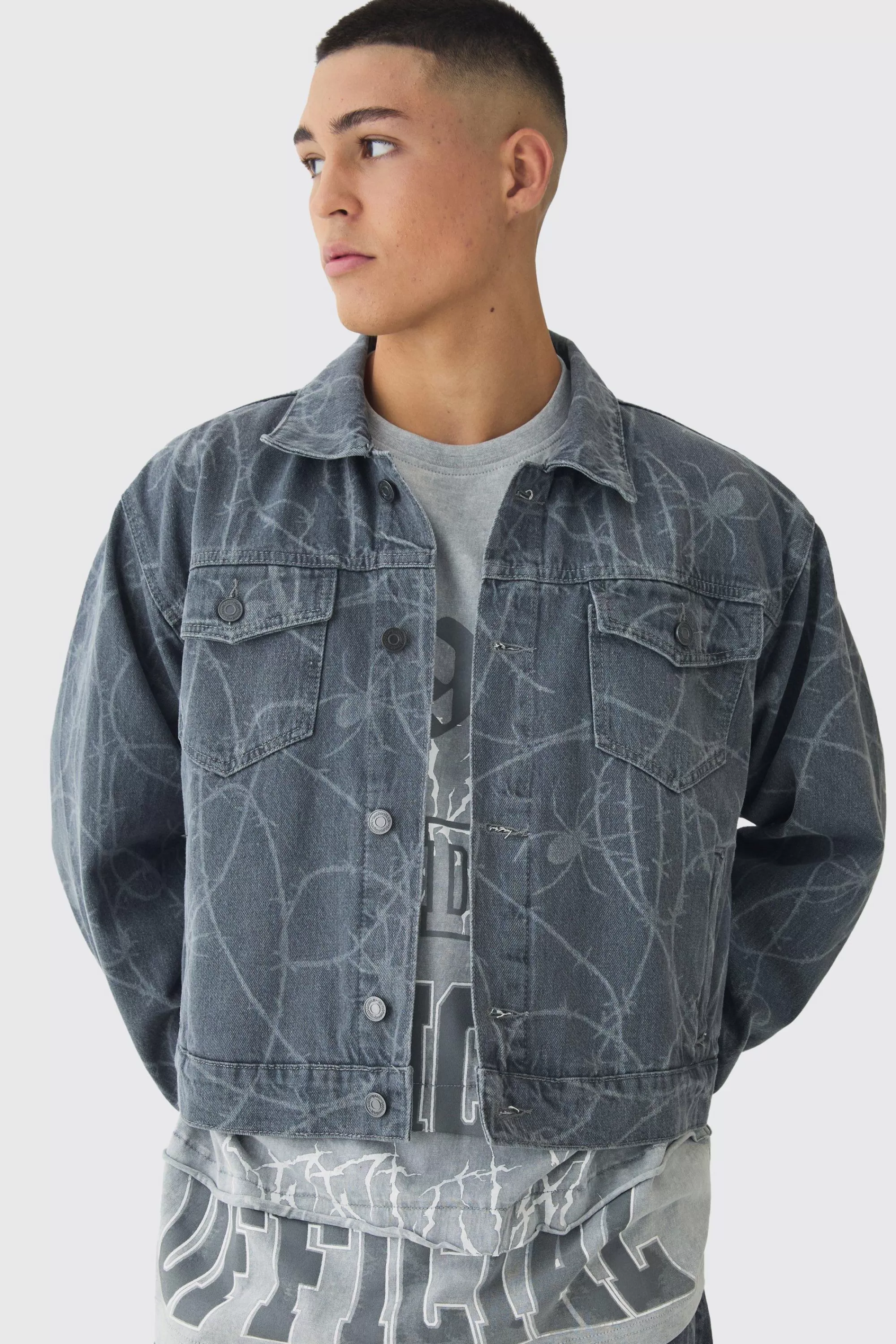boohooMAN Boxy Fit Barbed Wire Laser Print Denim Jacket | UK