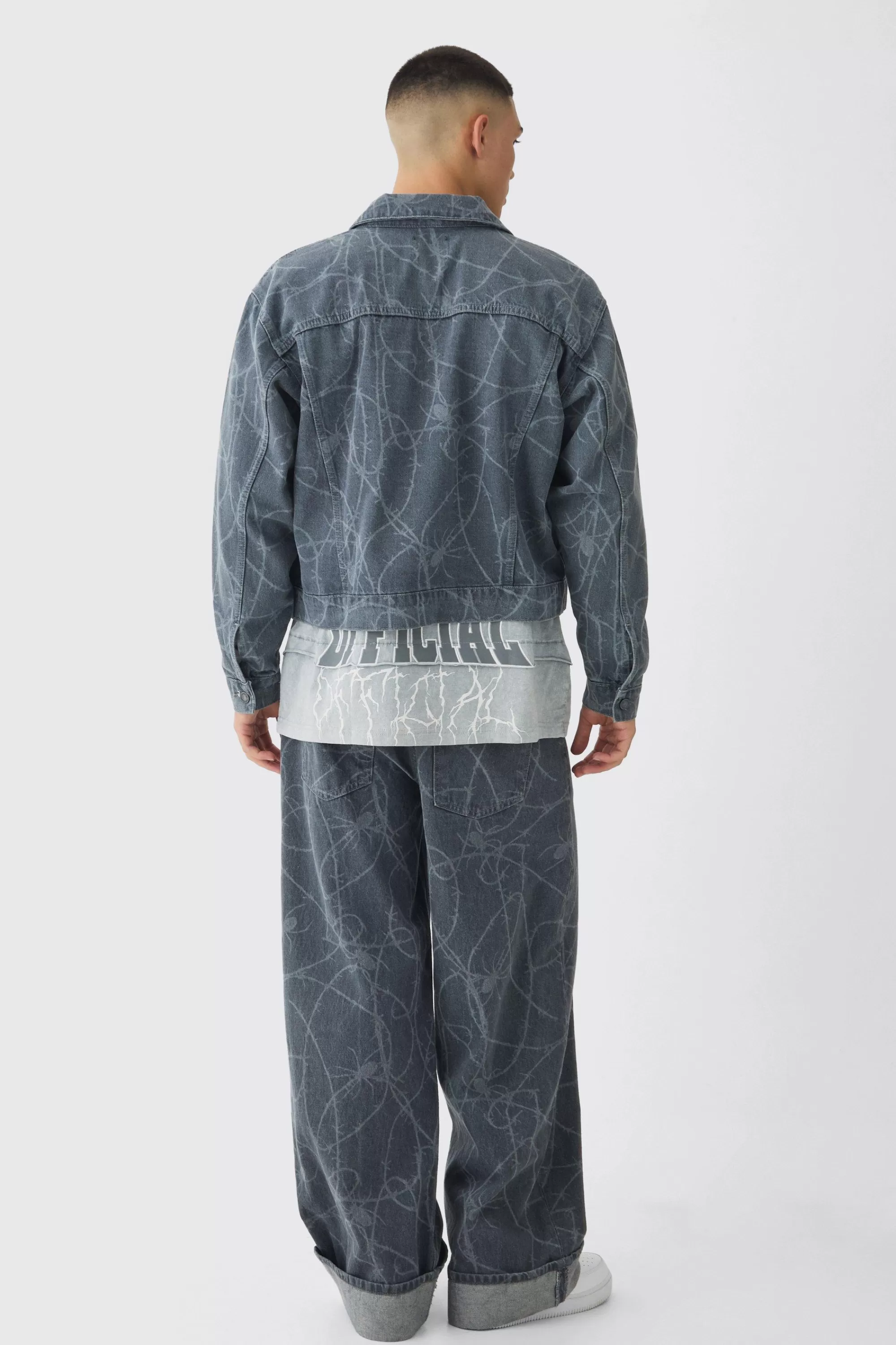 boohooMAN Boxy Fit Barbed Wire Laser Print Denim Jacket | UK