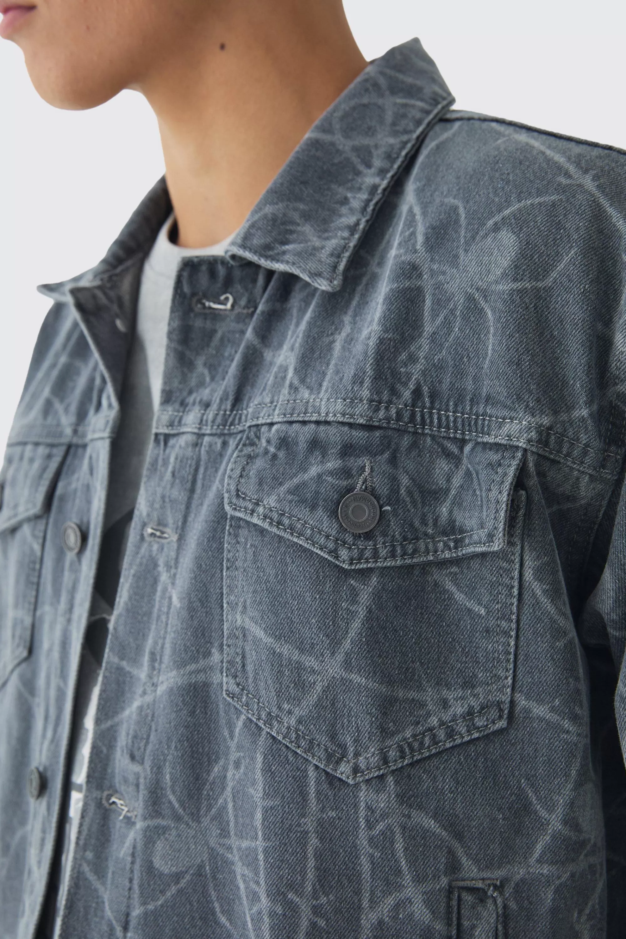boohooMAN Boxy Fit Barbed Wire Laser Print Denim Jacket | UK