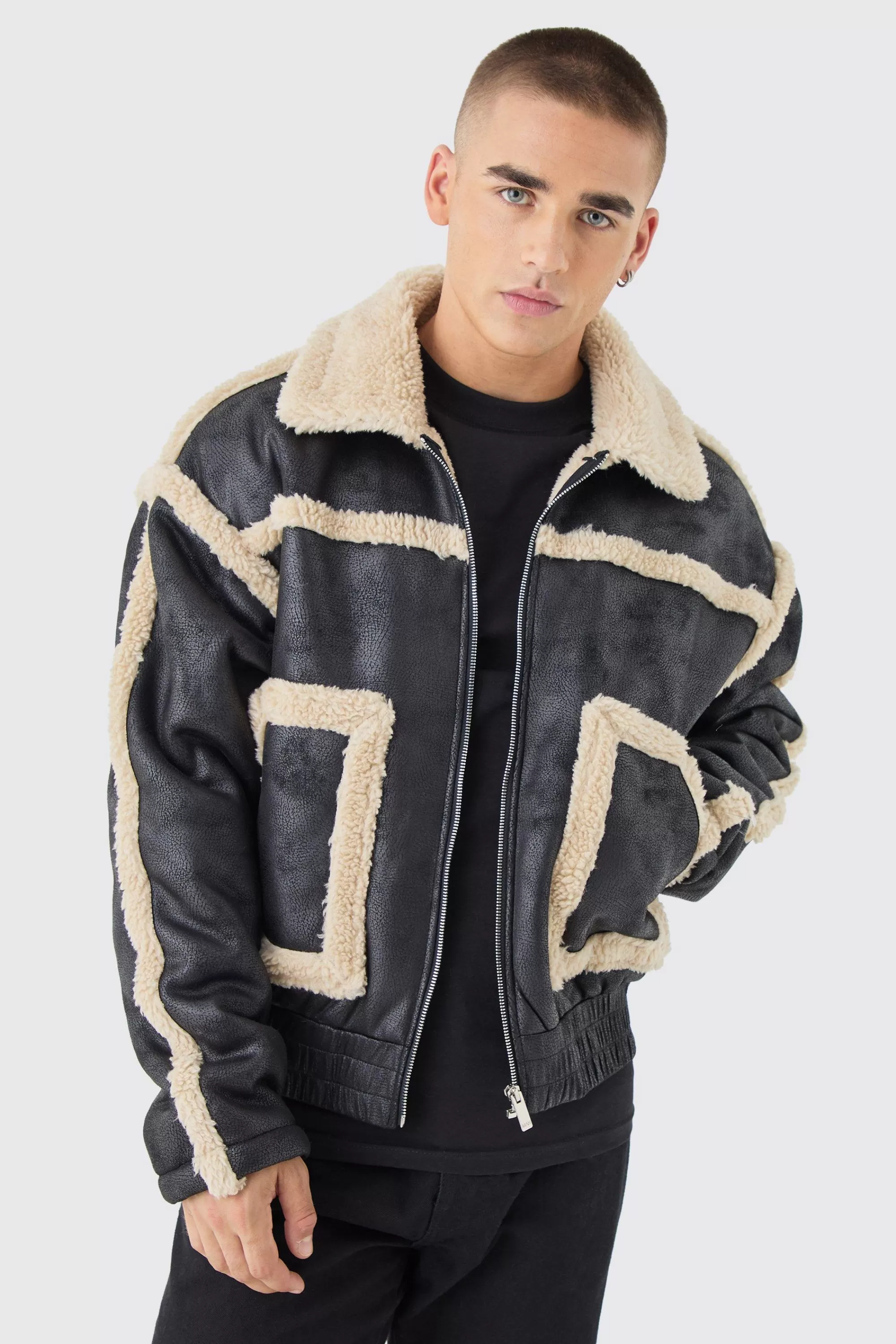 boohooMAN Boxy Fit Borg Lined Bomber Jacket In | UK
