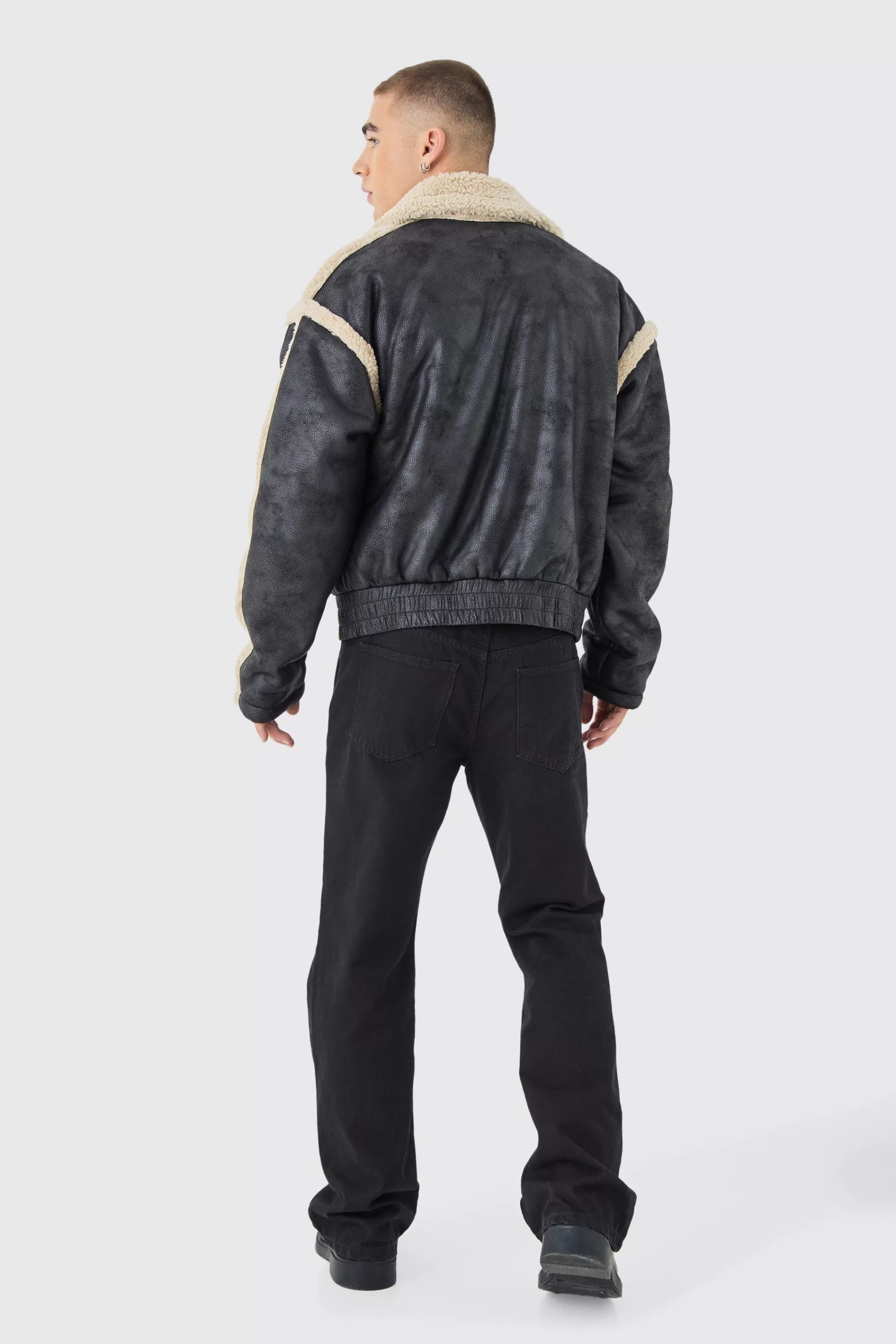 boohooMAN Boxy Fit Borg Lined Bomber Jacket In | UK