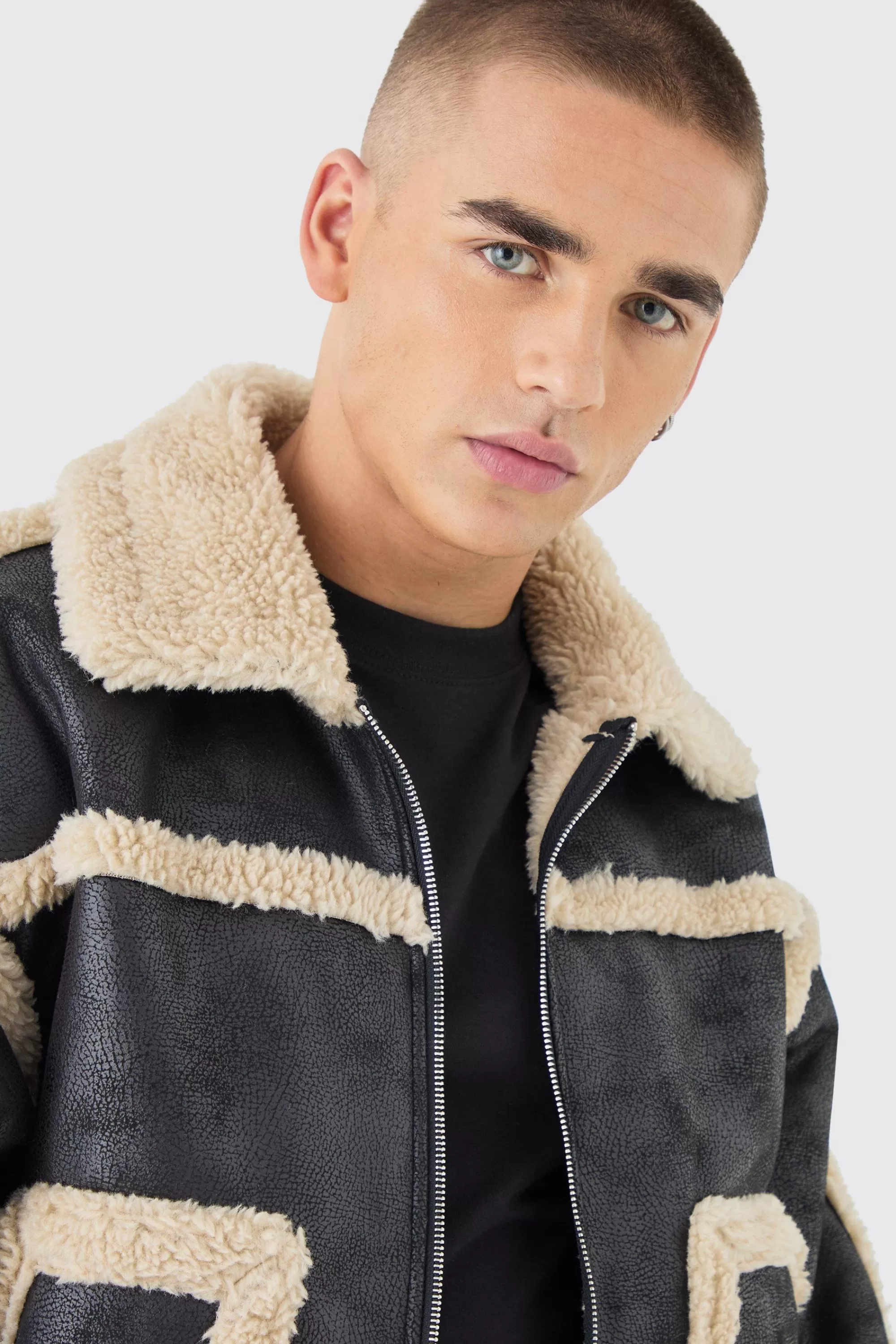 boohooMAN Boxy Fit Borg Lined Bomber Jacket In | UK