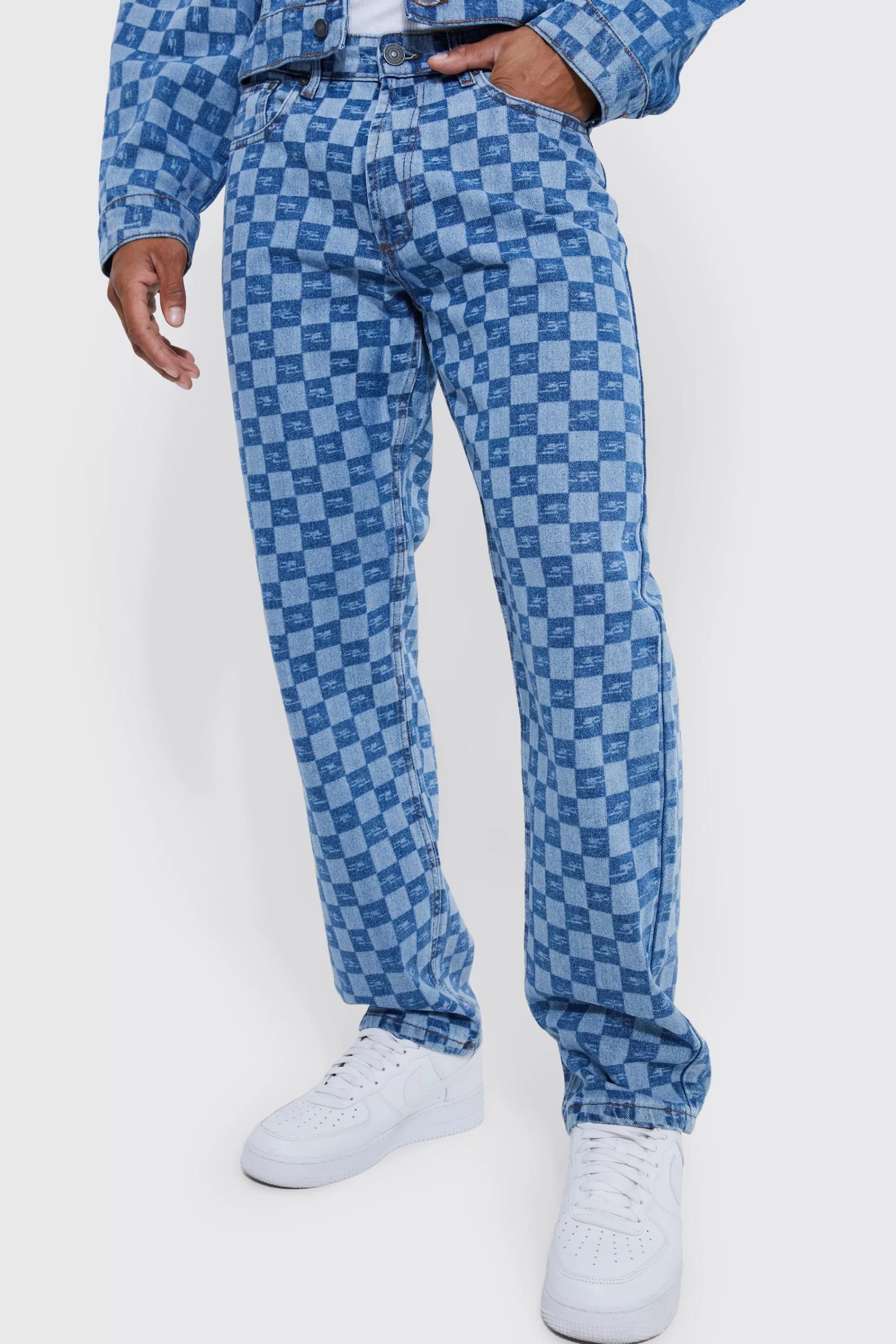 boohooMAN Boxy Fit Checkerboard Laser Print Denim Jacket And Jeans | UK