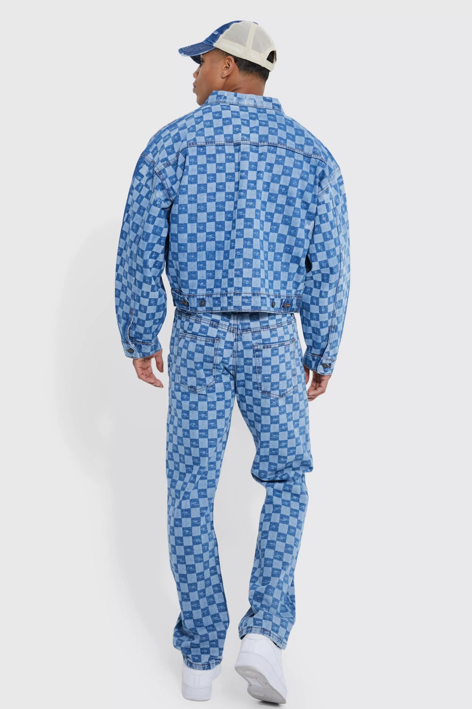 boohooMAN Boxy Fit Checkerboard Laser Print Denim Jacket And Jeans | UK