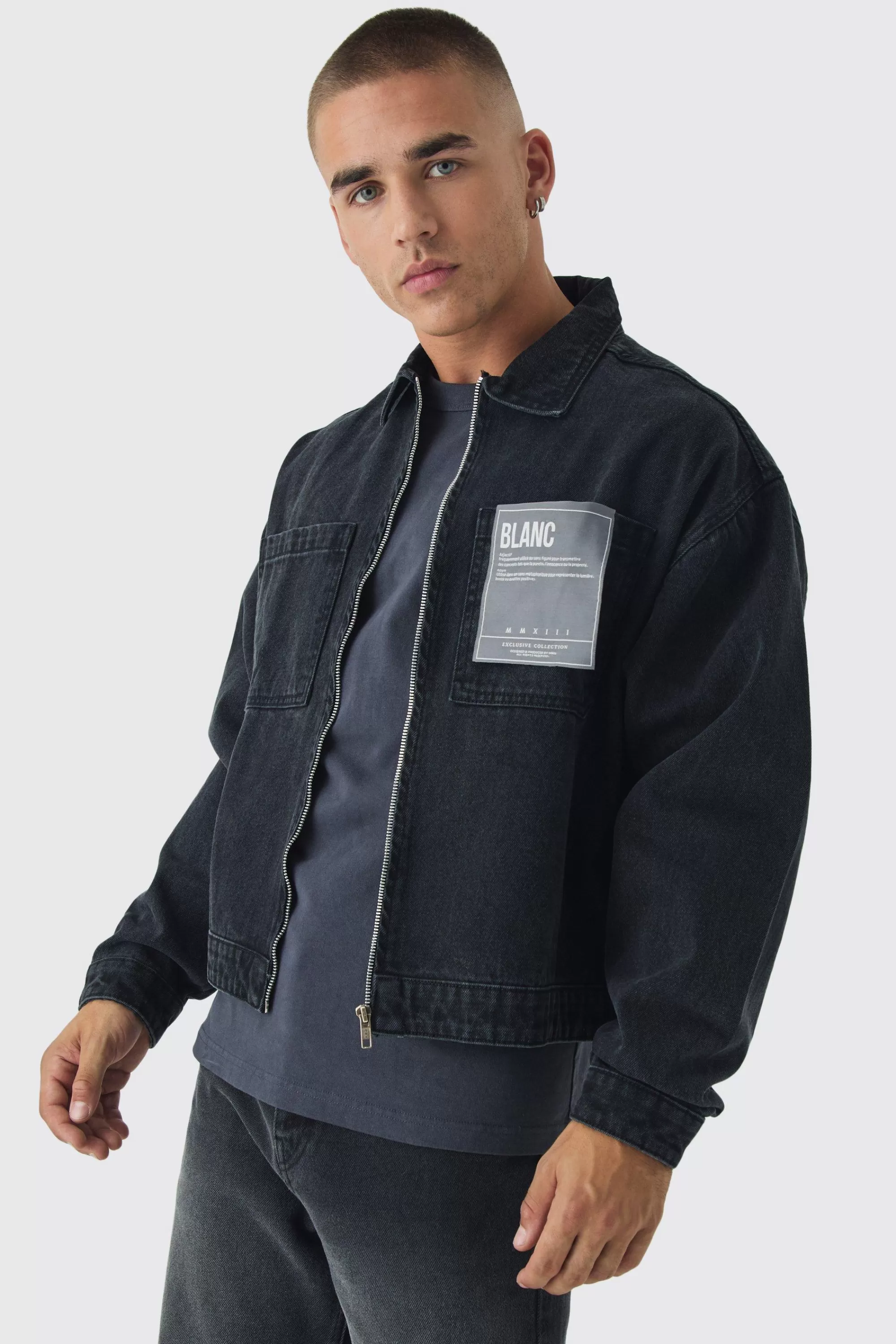 boohooMAN Boxy Fit Denim Jacket With Woven Label | UK