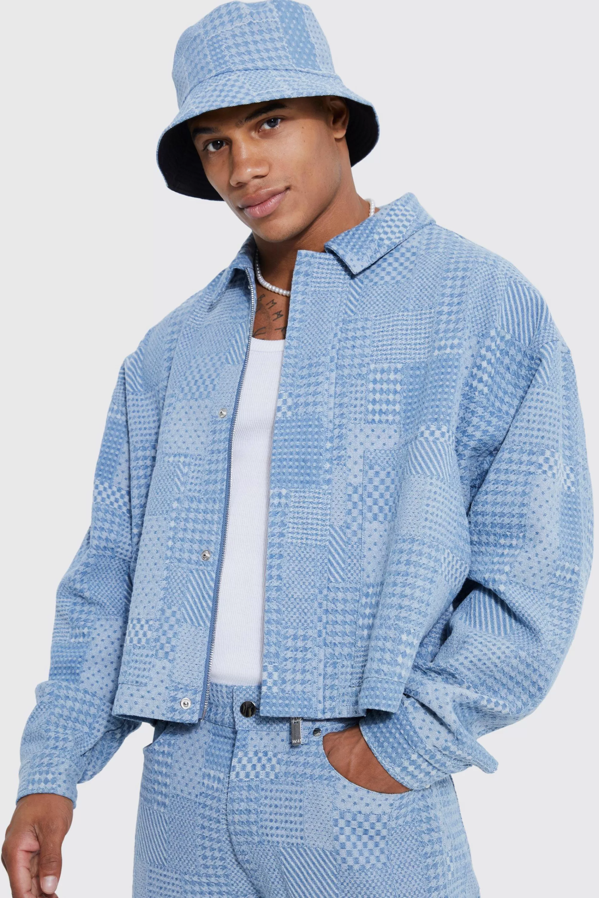 boohooMAN Boxy Fit Fabric Interest Denim Jacket | UK