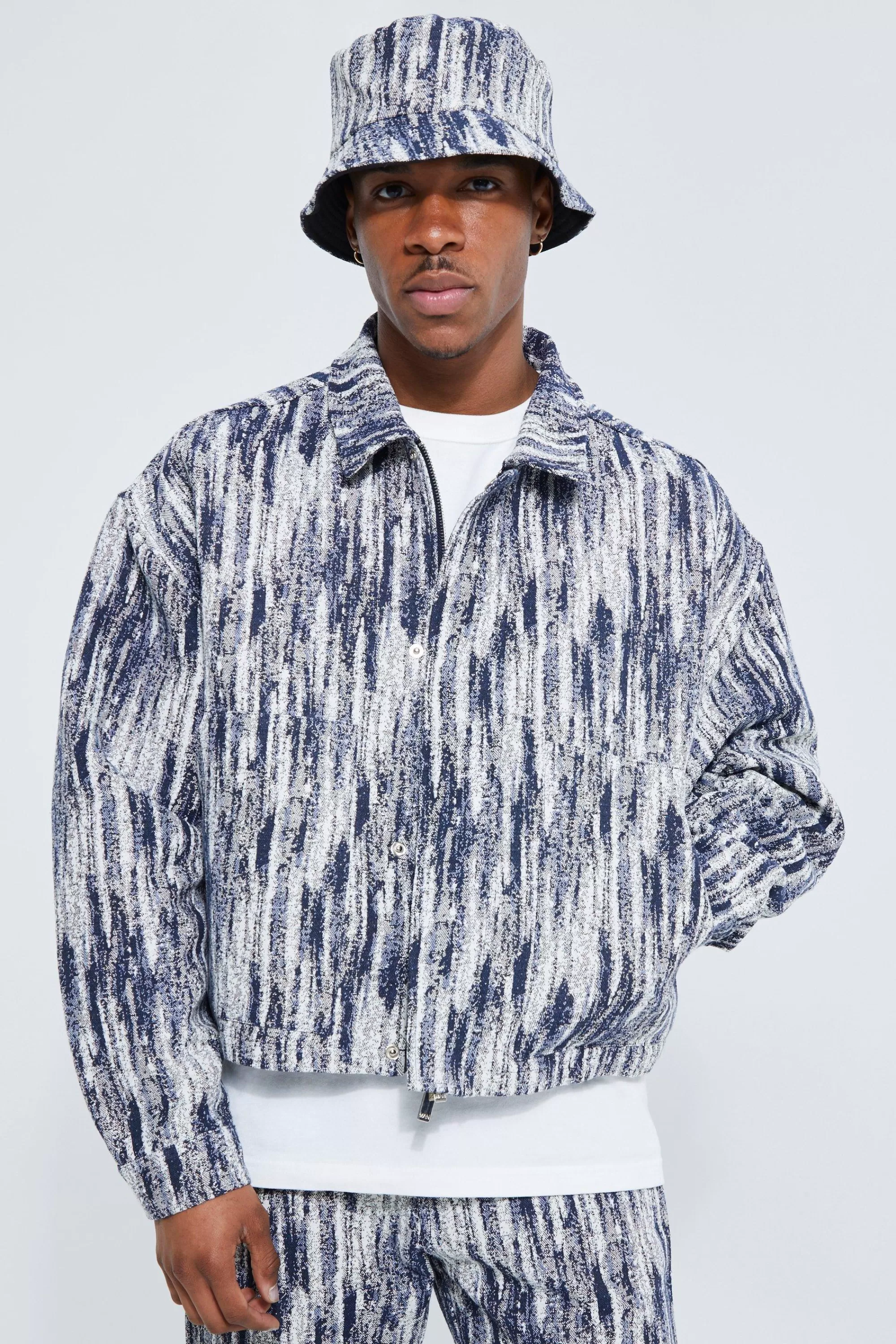 boohooMAN Boxy Fit Fabric Interest Denim Jacket | UK
