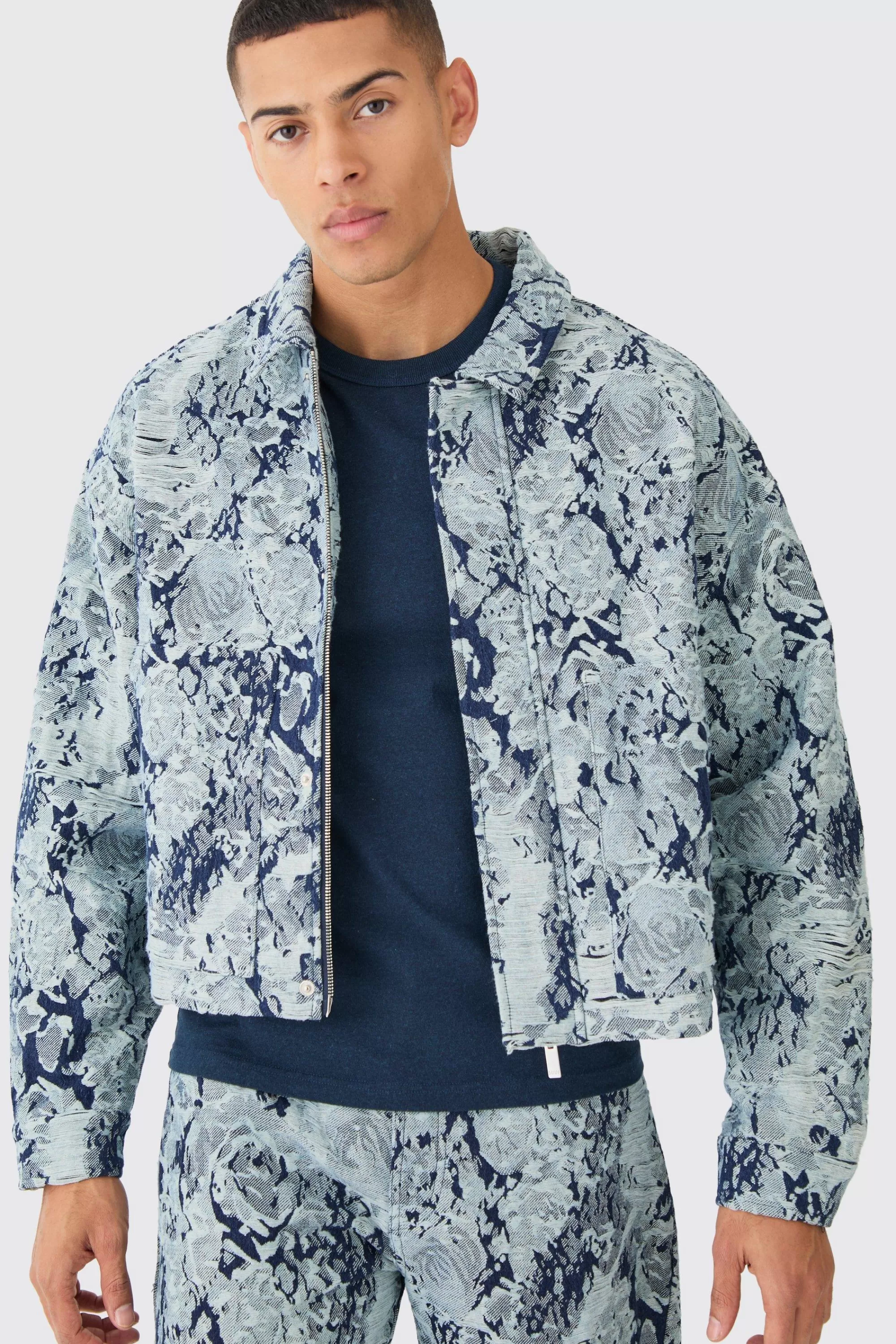 boohooMAN Boxy Fit Fabric Interest Distressed Denim Jacket | UK