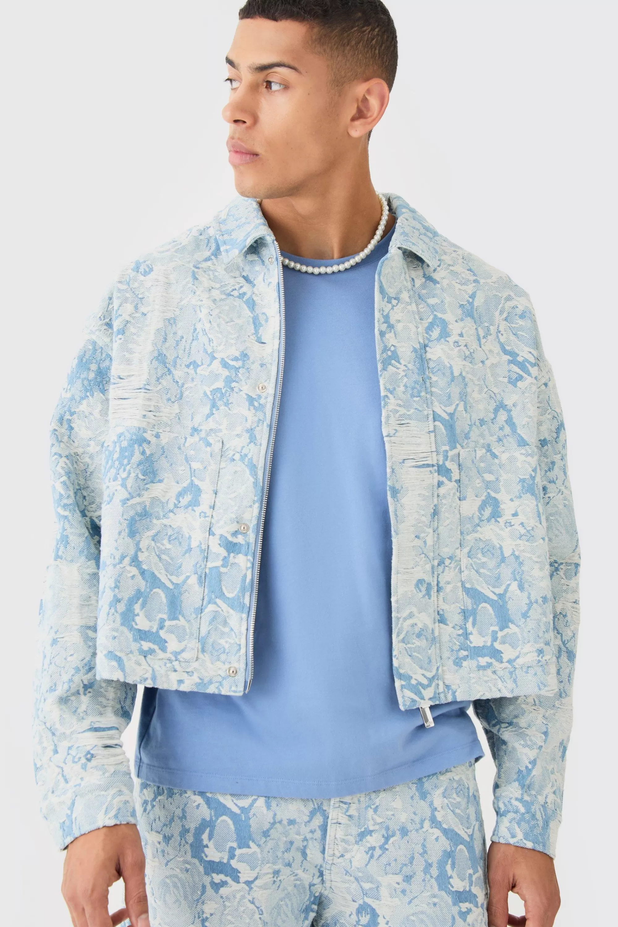 boohooMAN Boxy Fit Fabric Interest Distressed Denim Jacket | UK