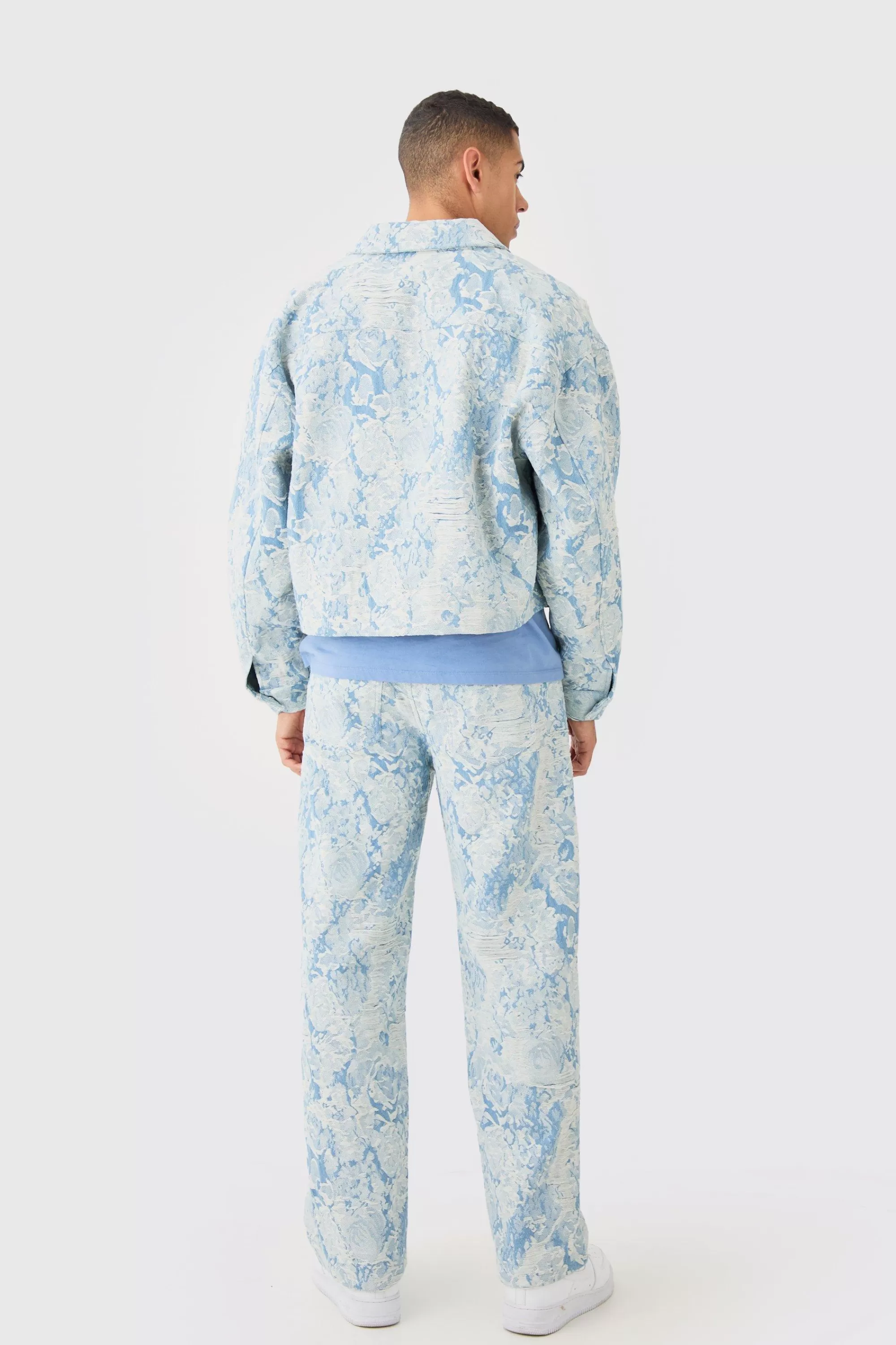 boohooMAN Boxy Fit Fabric Interest Distressed Denim Jacket | UK