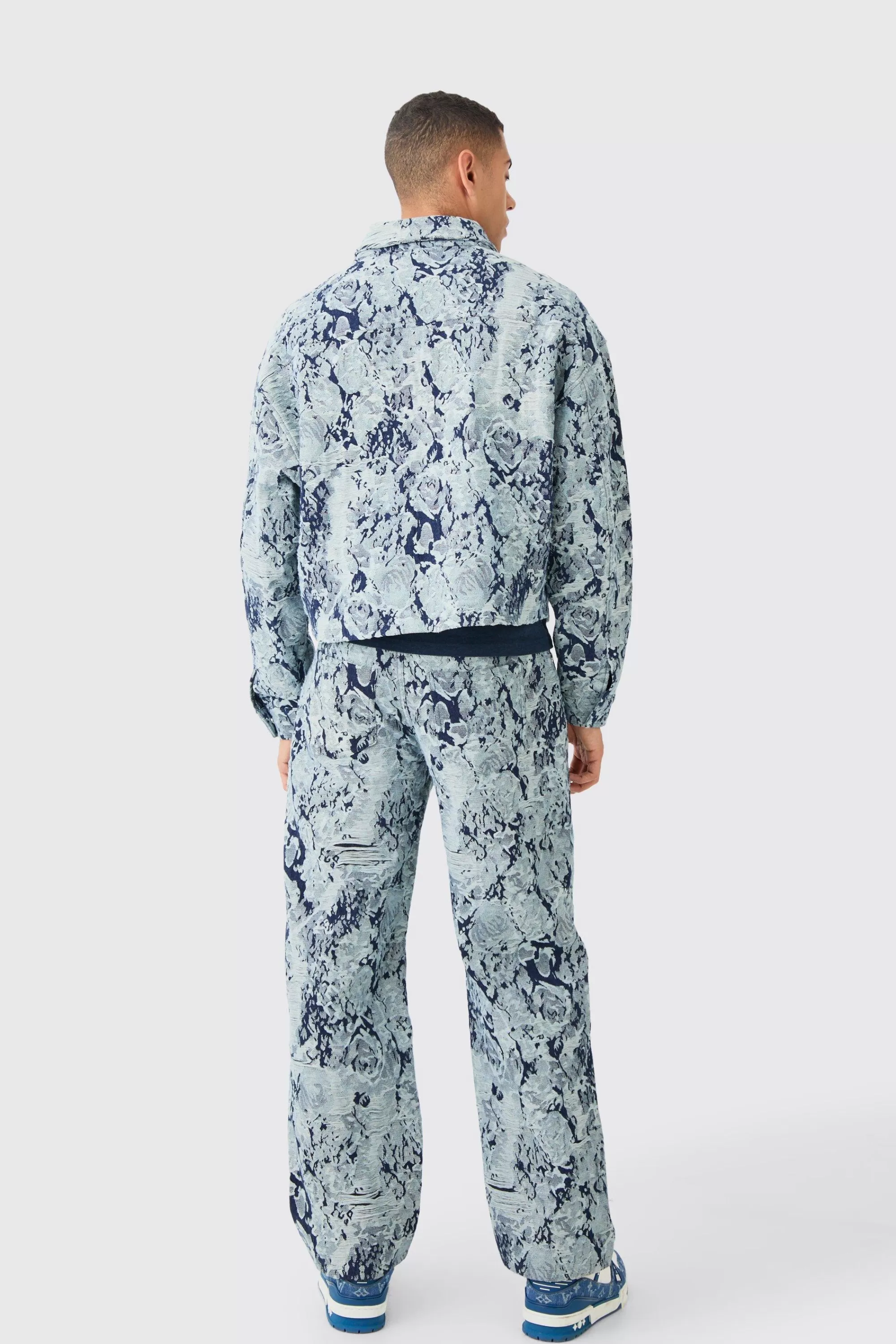 boohooMAN Boxy Fit Fabric Interest Distressed Denim Jacket | UK