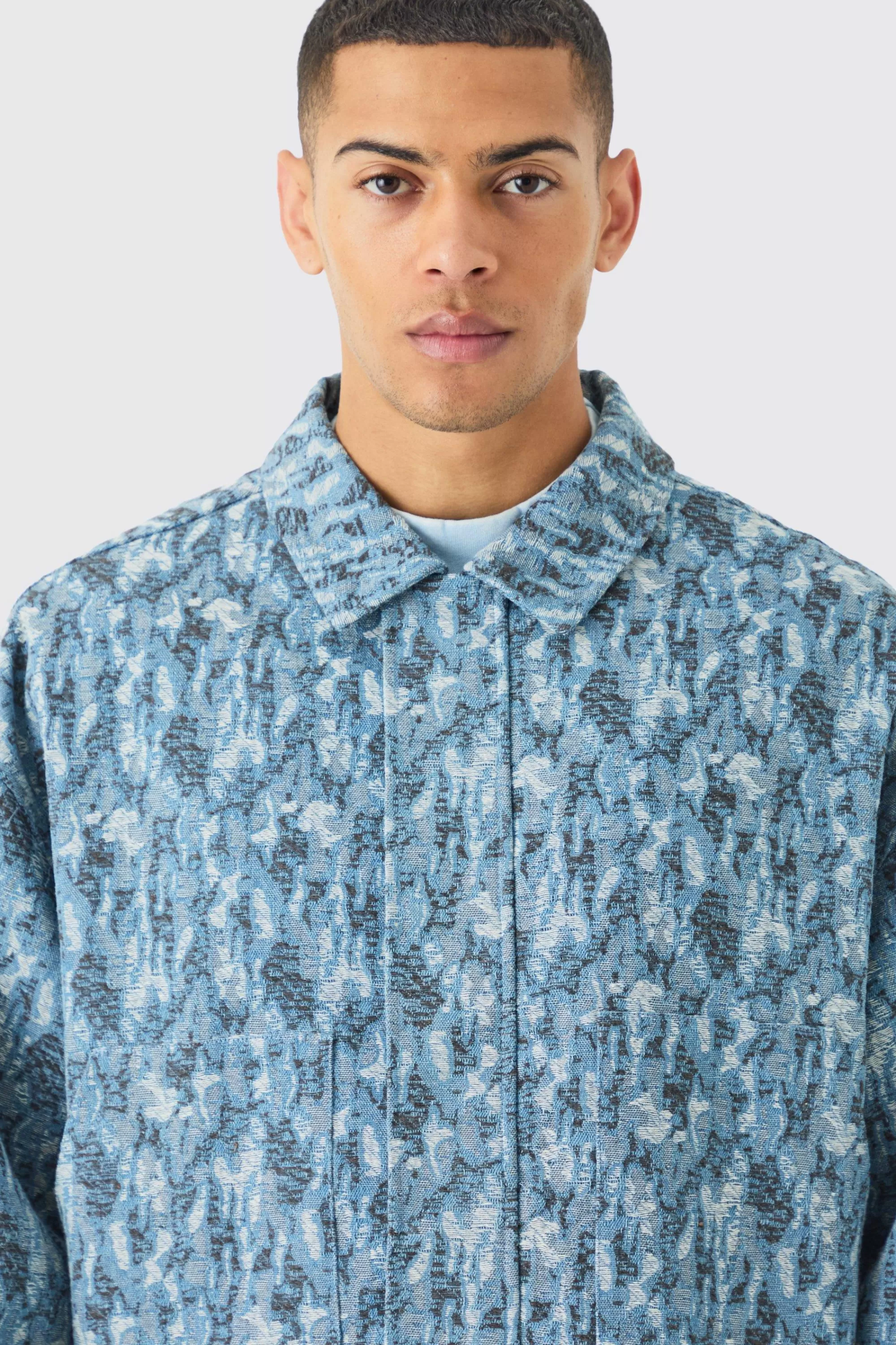 boohooMAN Boxy Fit Fabric Interest Distressed Denim Jacket | UK