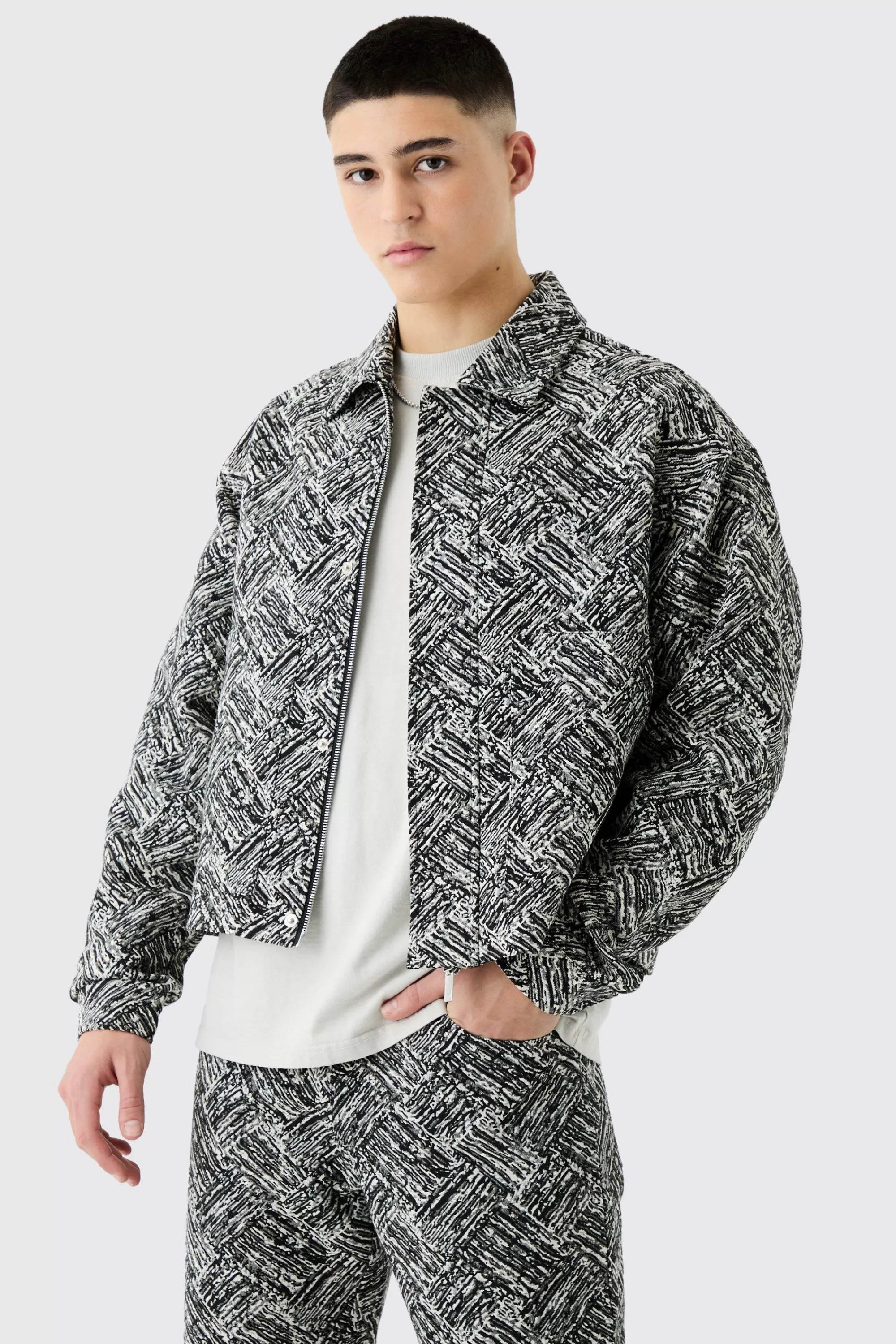 boohooMAN Boxy Fit Fabric Interest Tapestry Jacket | UK