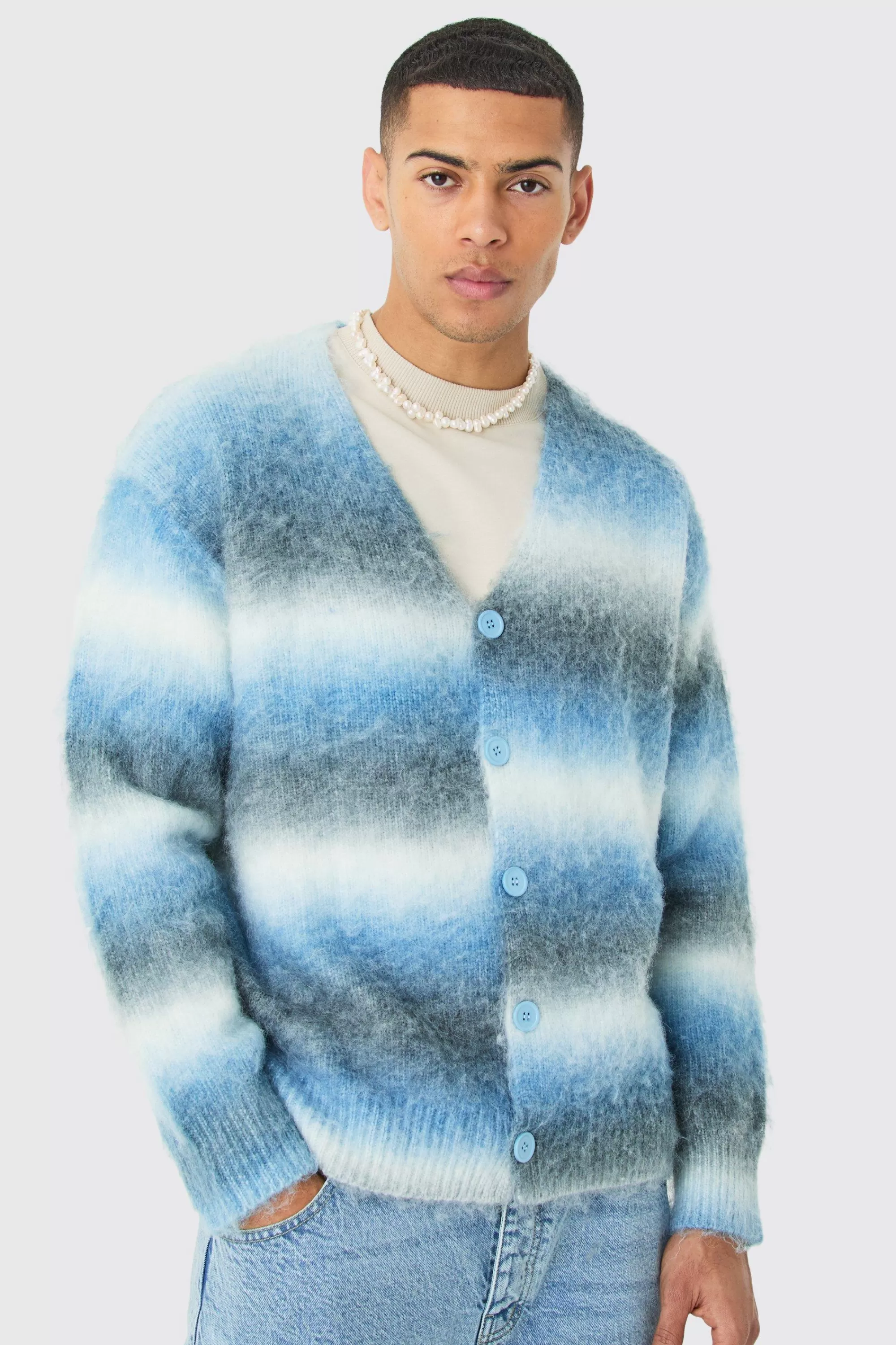 boohooMAN Boxy Fit Knitted Brushed Stripe Cardigan | UK
