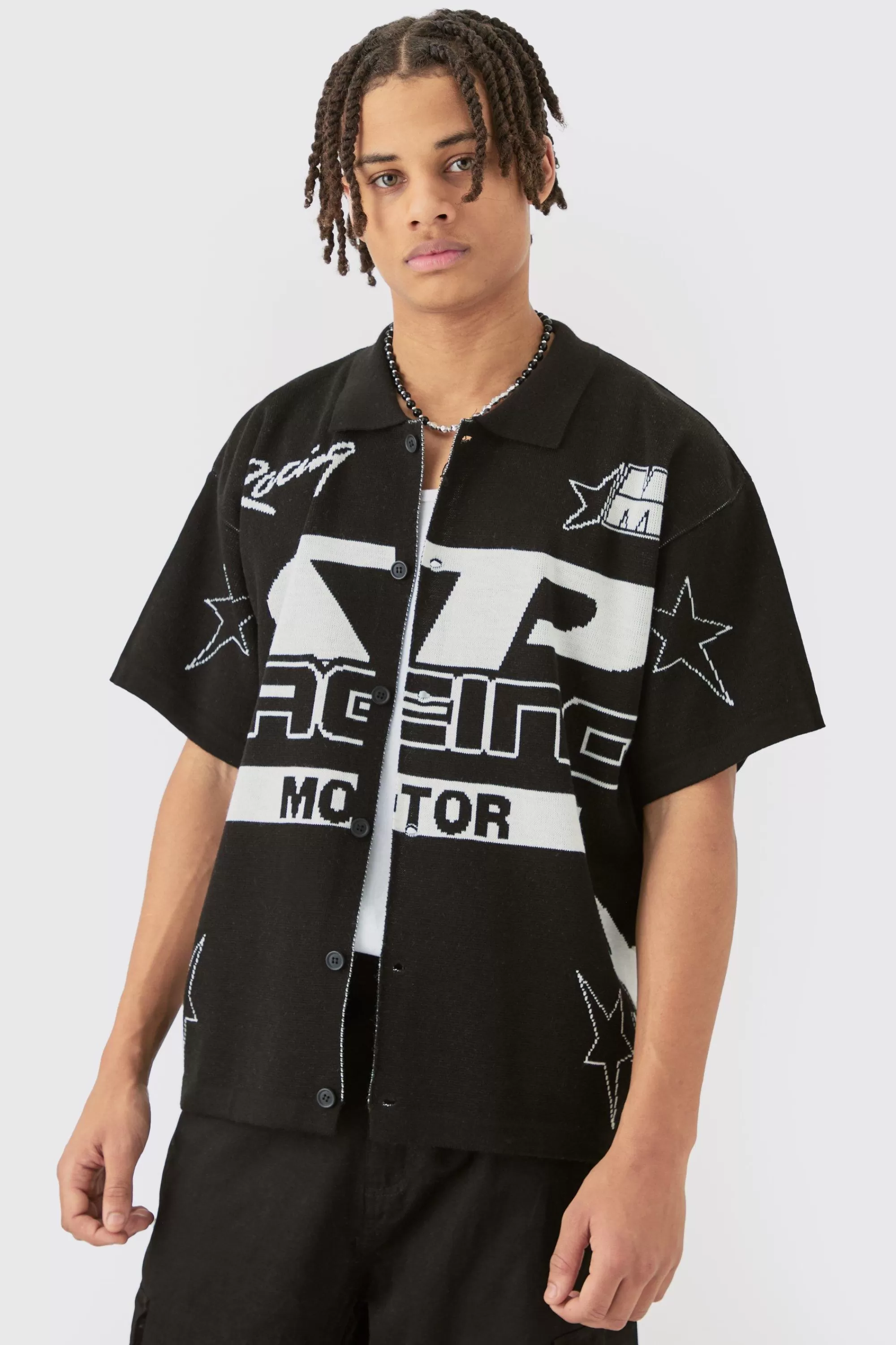 boohooMAN Boxy Fit Knitted Moto Shirt | UK