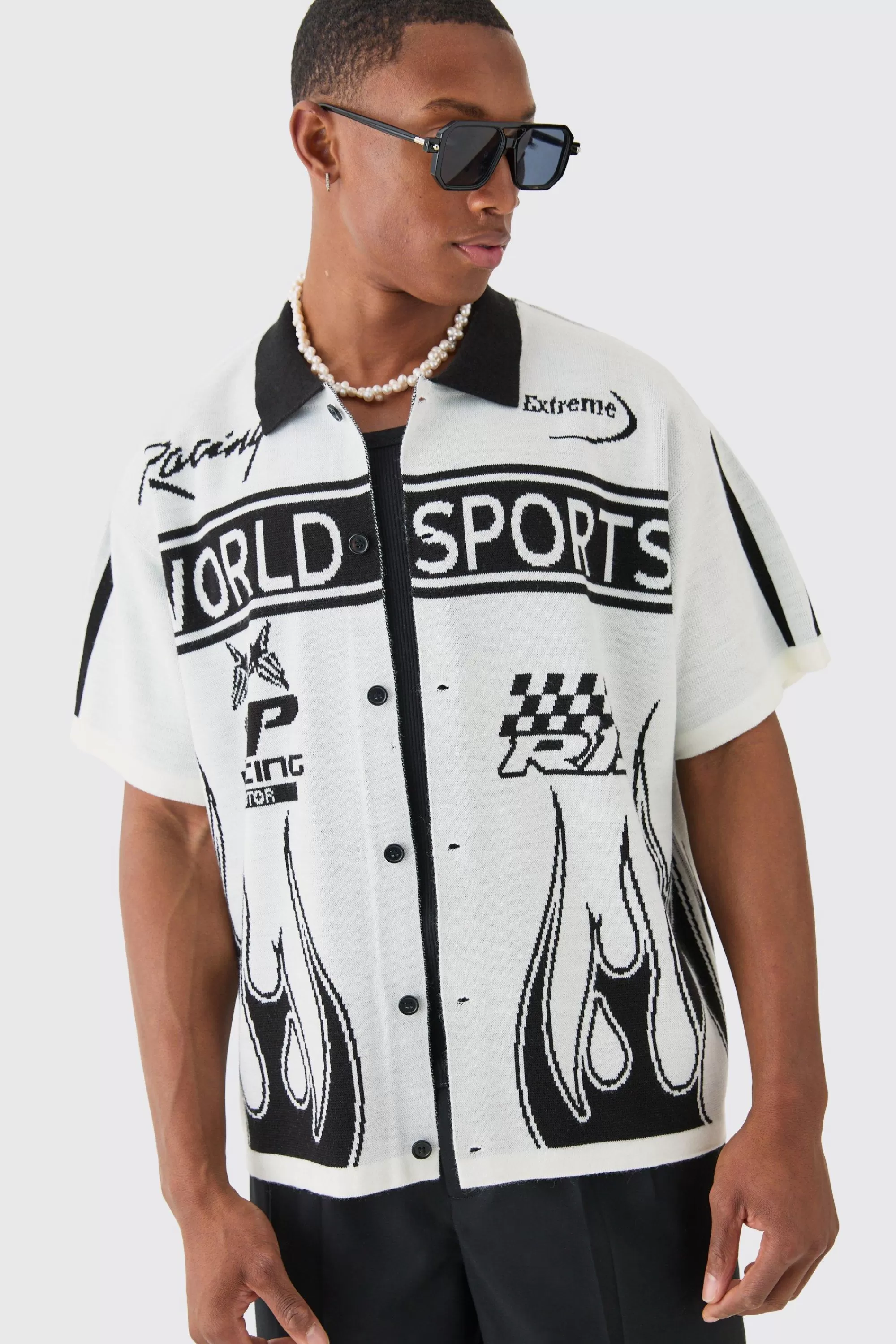 boohooMAN Boxy Fit Knitted Moto Shirt | UK
