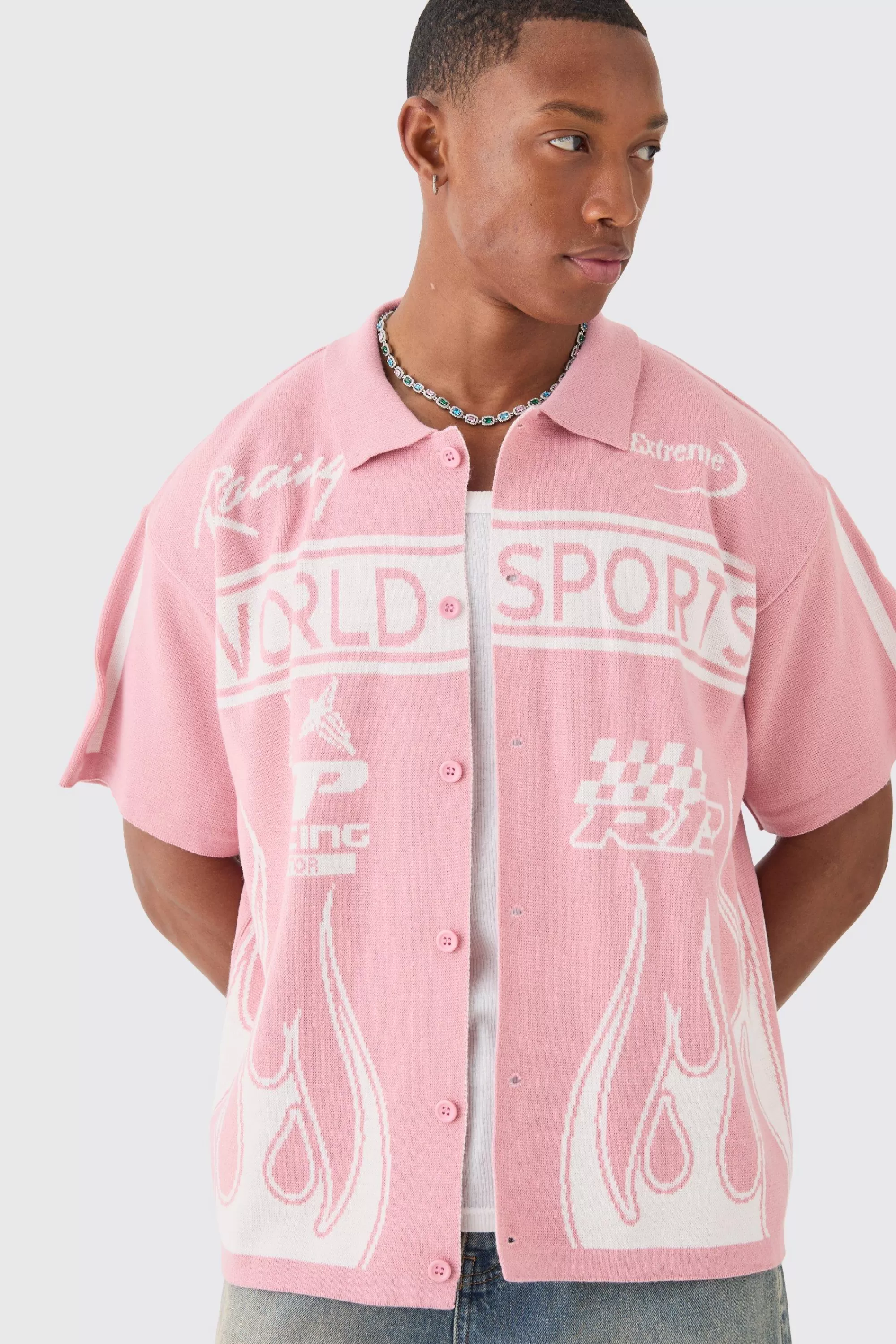 boohooMAN Boxy Fit Knitted Moto Shirt | UK