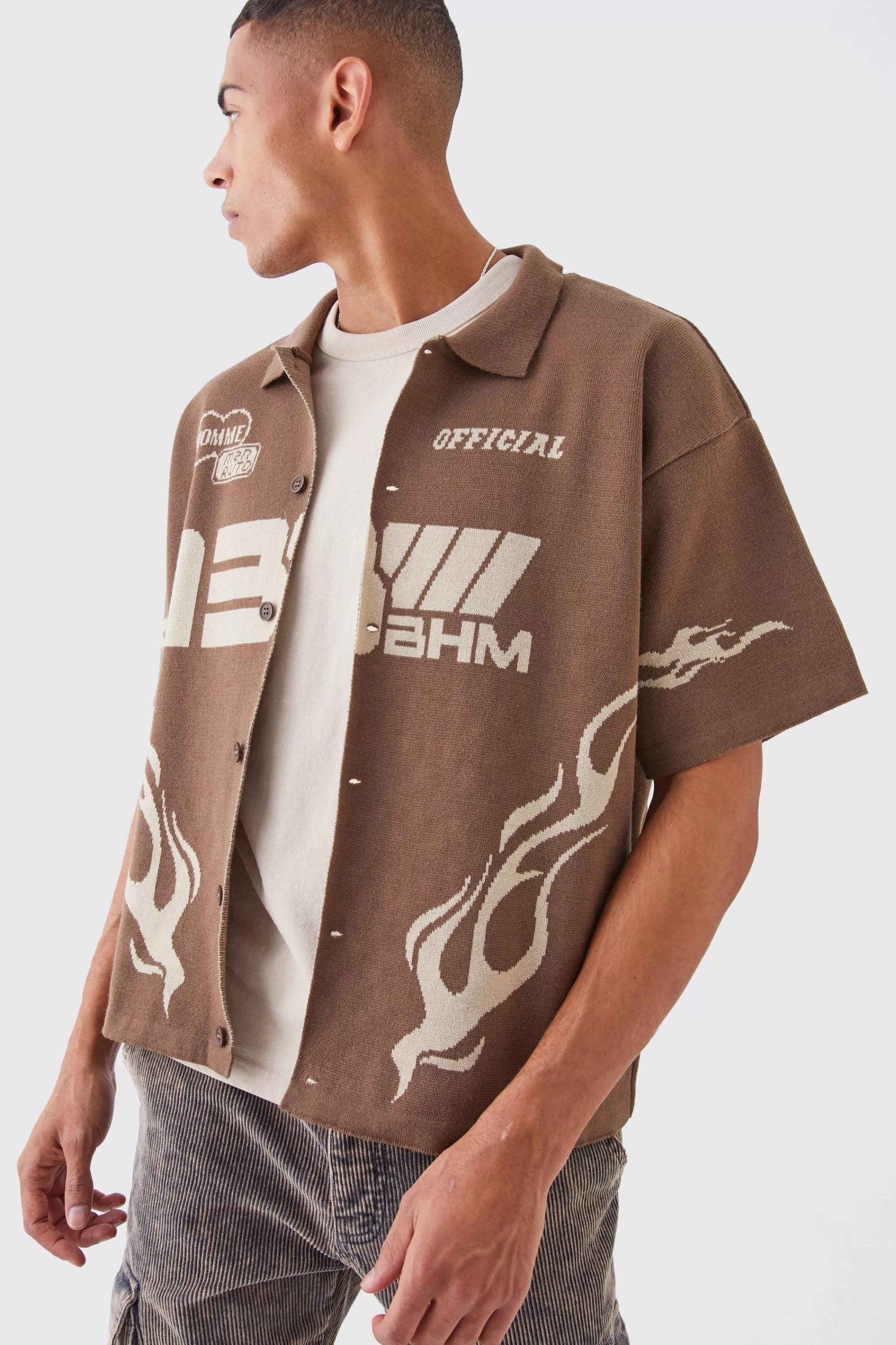 boohooMAN Boxy Fit Knitted Moto Shirt | UK