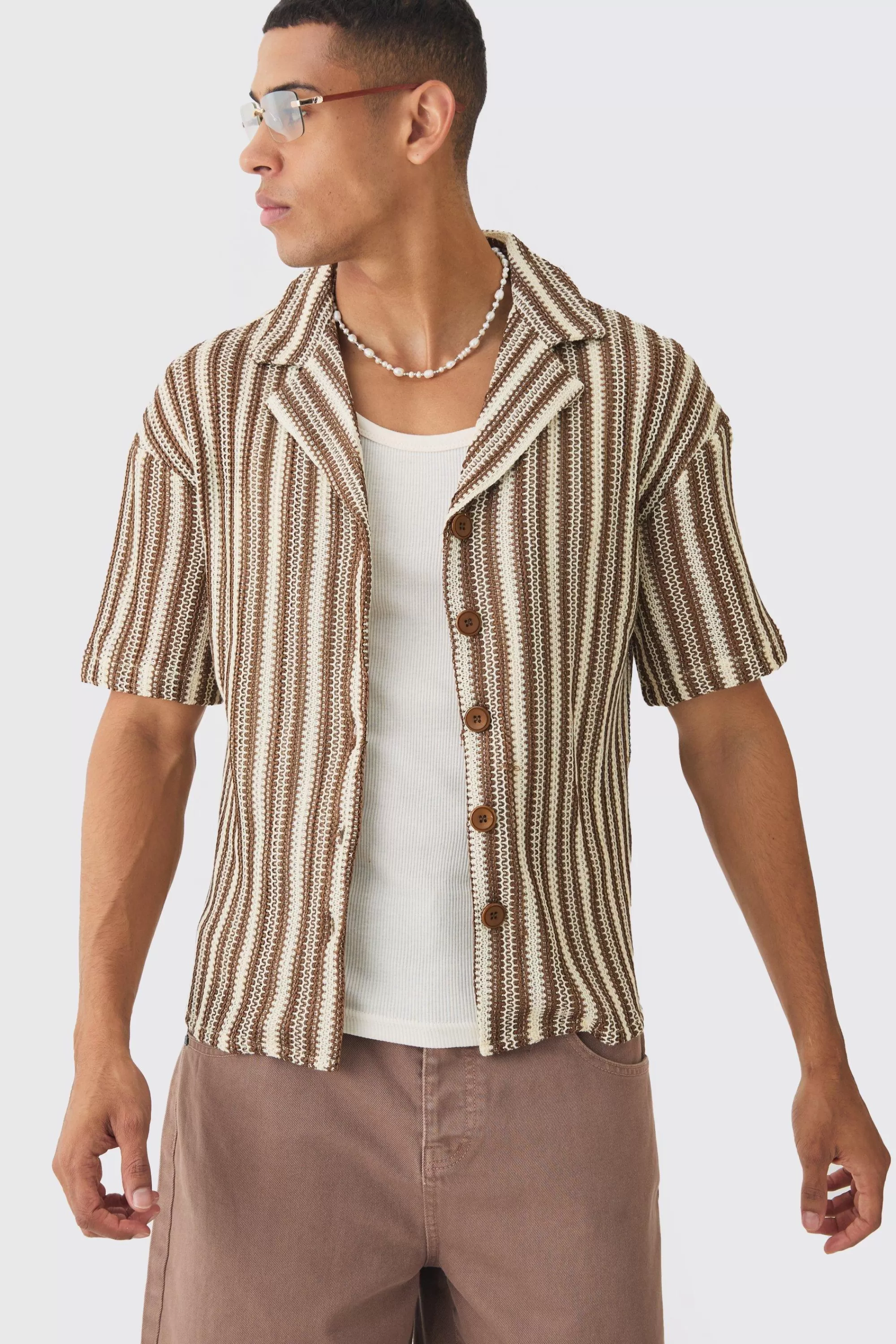 boohooMAN Boxy Fit Revere Open Weave Stripe Shirt | UK