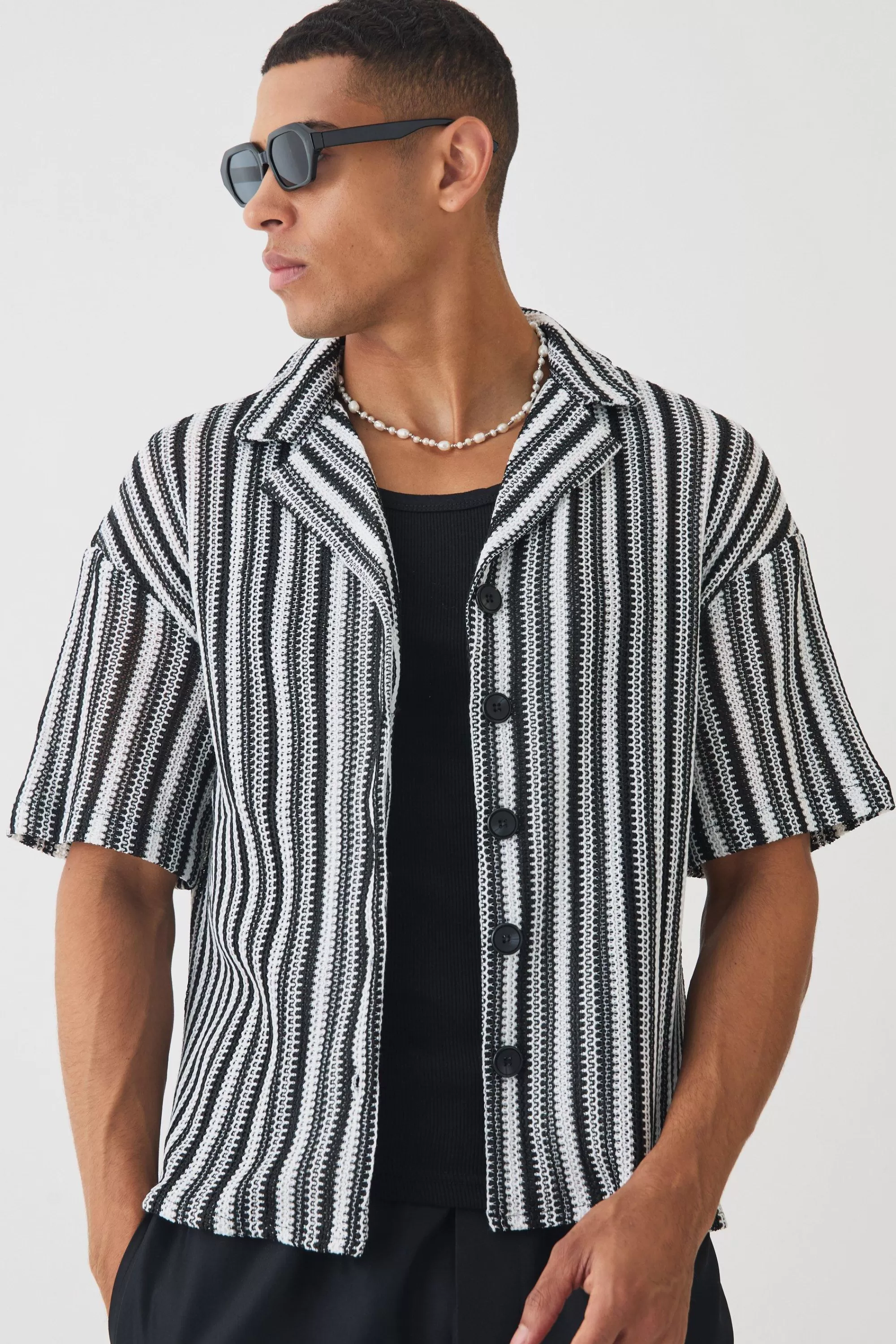boohooMAN Boxy Fit Revere Open Weave Stripe Shirt | UK
