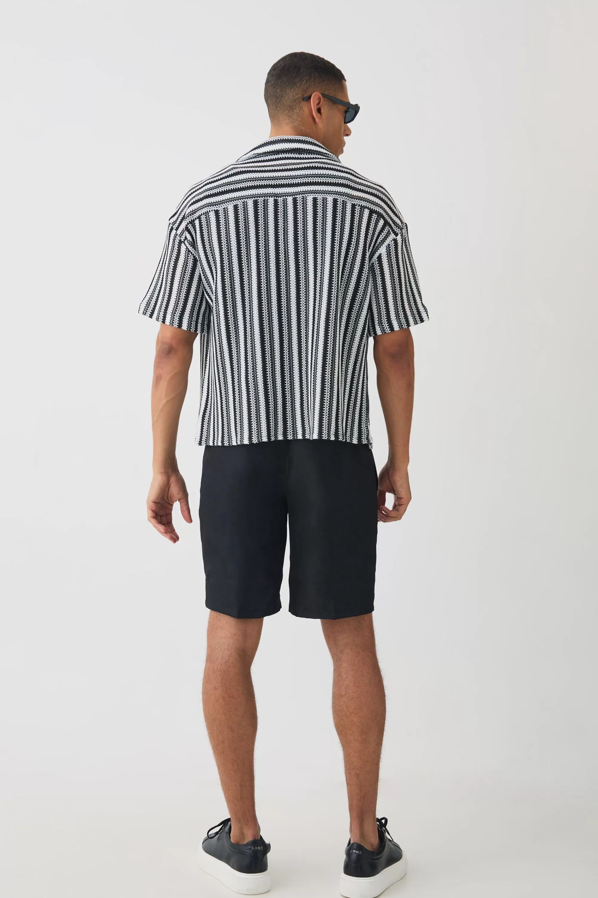 boohooMAN Boxy Fit Revere Open Weave Stripe Shirt | UK