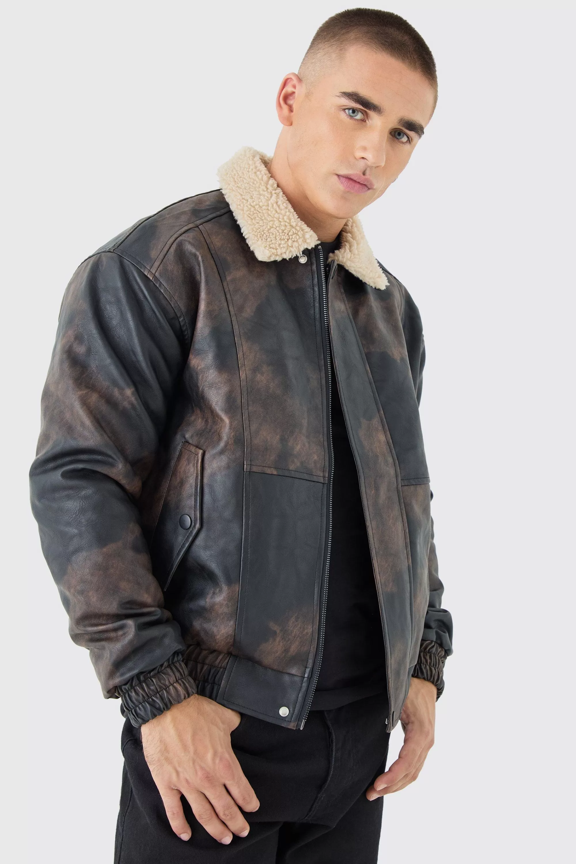 boohooMAN Boxy Fit Washed PU Borg Collar Bomber Jacket In | UK