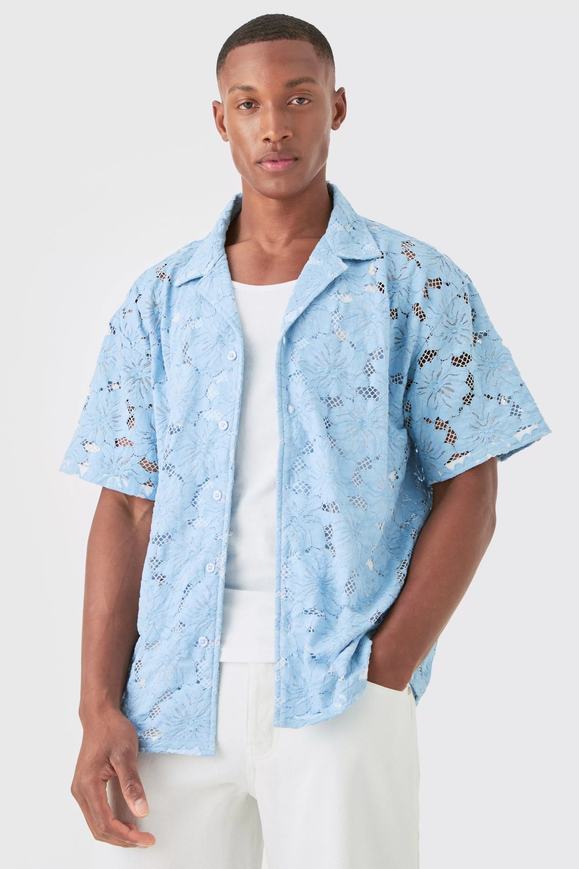 boohooMAN Boxy Floral Lace Shirt | UK