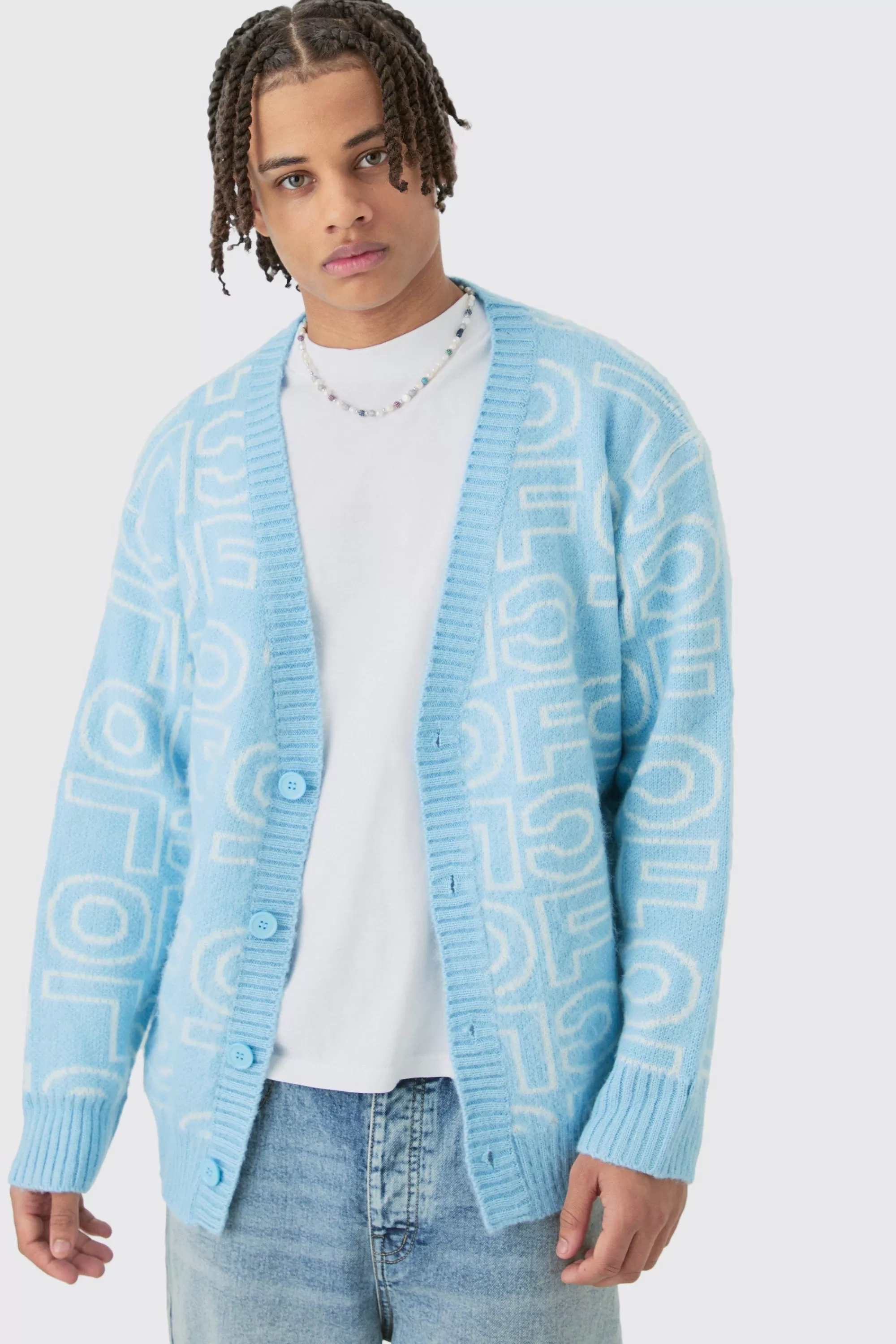 boohooMAN Boxy Fluffy Branded Knitted Cardigan In Blue | UK