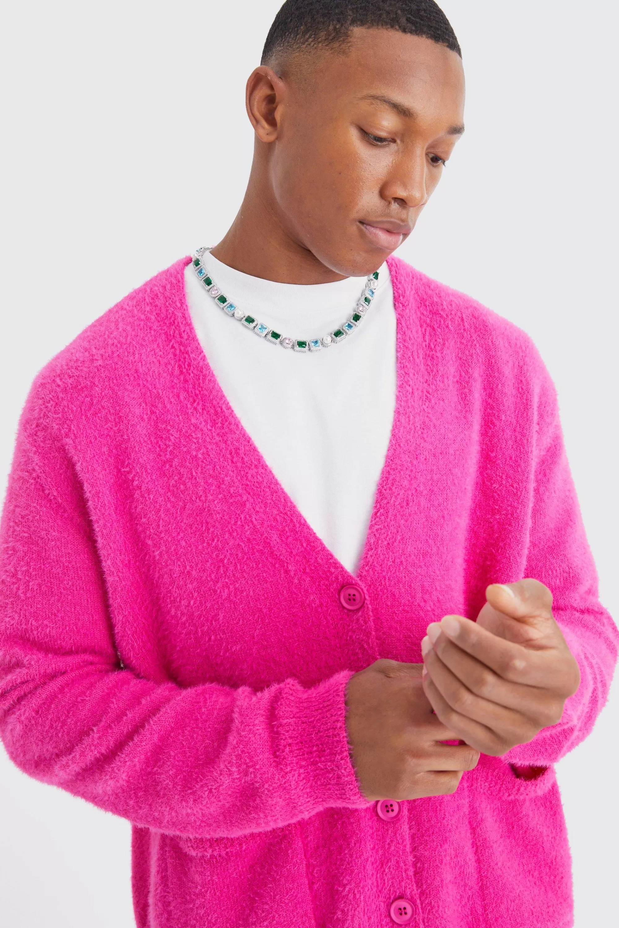 boohooMAN Boxy Fluffy Knitted Cardigan | UK