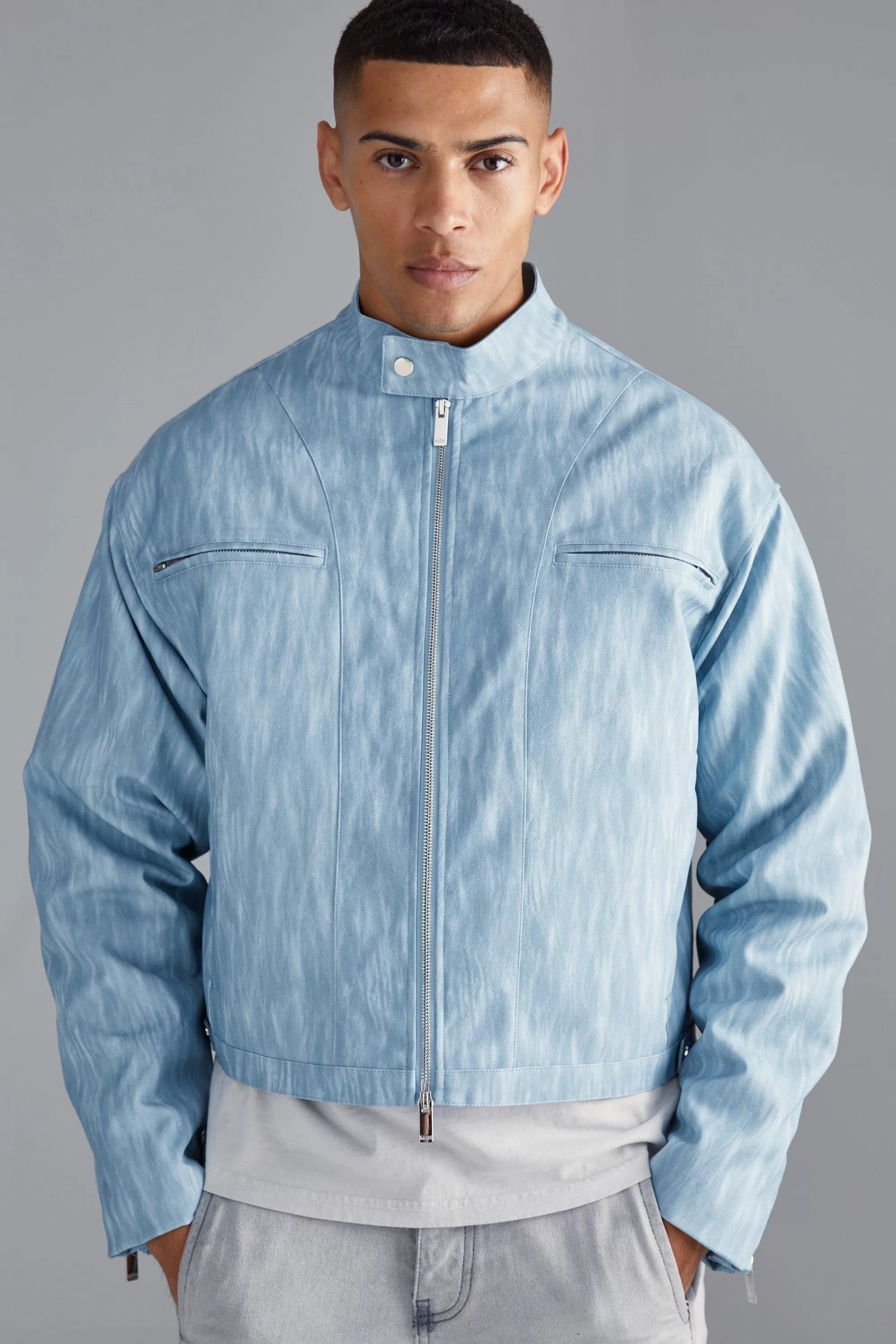 boohooMAN Boxy Funnel Neck Biker Jacket | UK