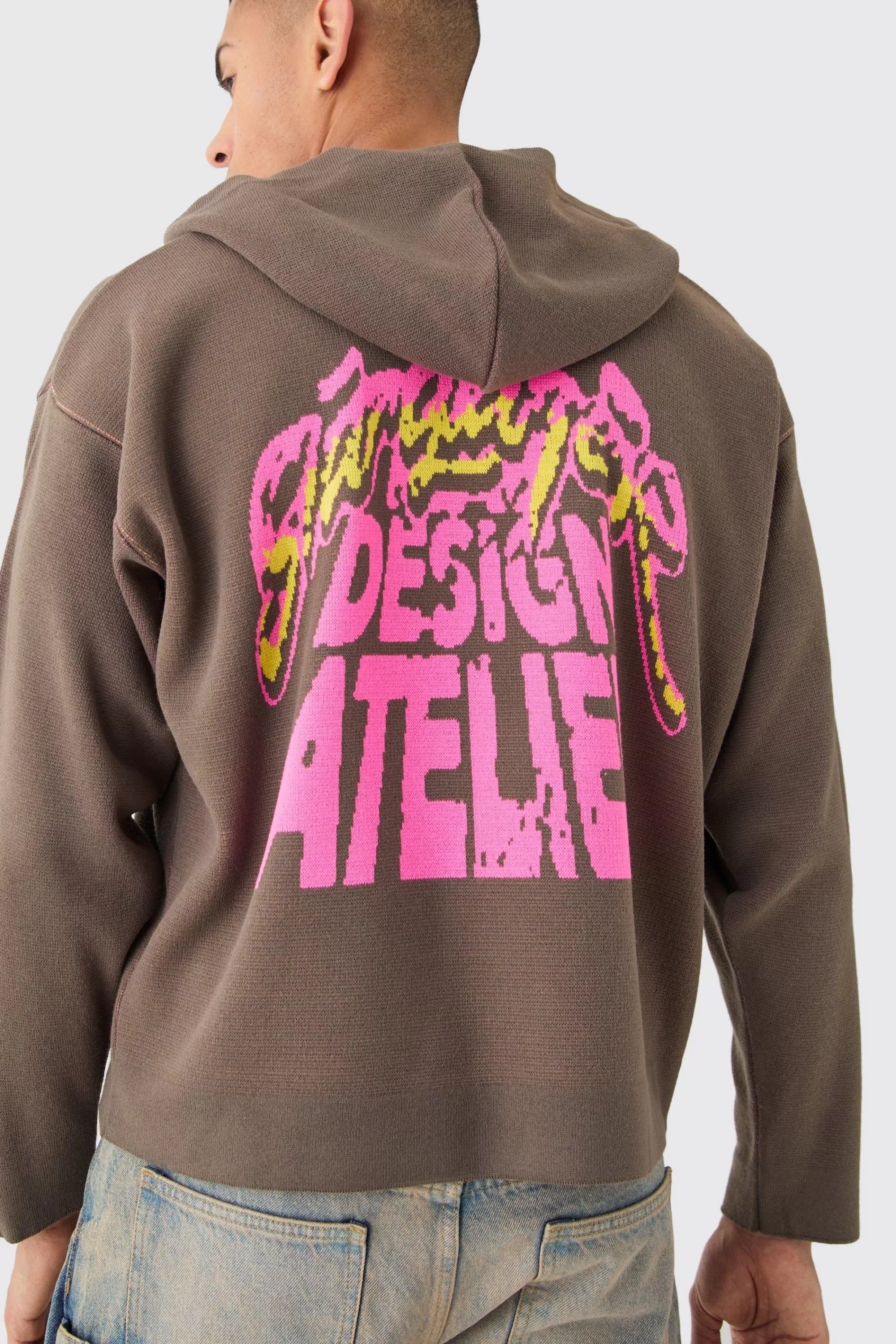 boohooMAN Boxy Graphic Knit Hoodie | UK