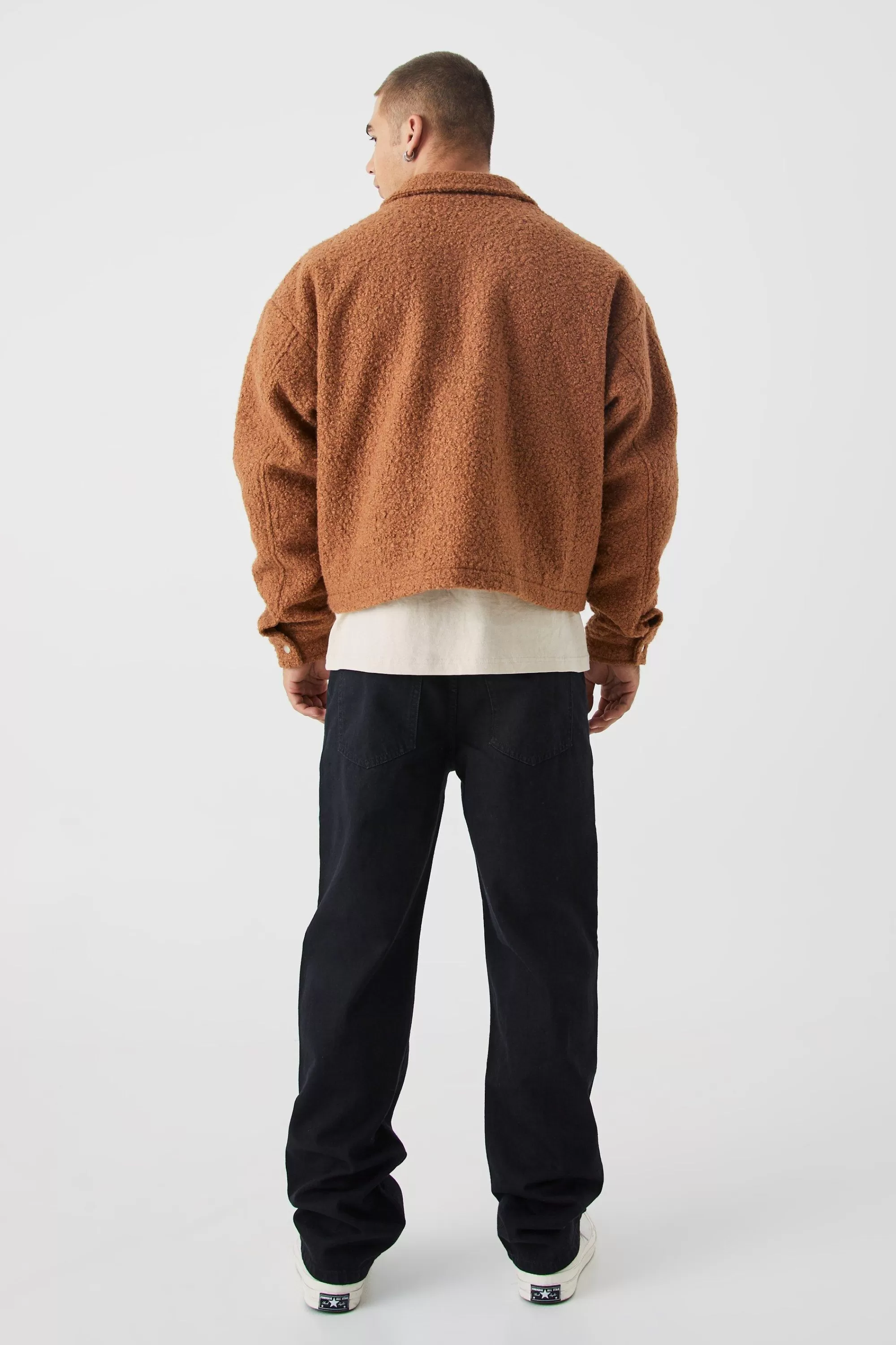 boohooMAN Boxy Heavy Boucle Harrington With Pockets | UK