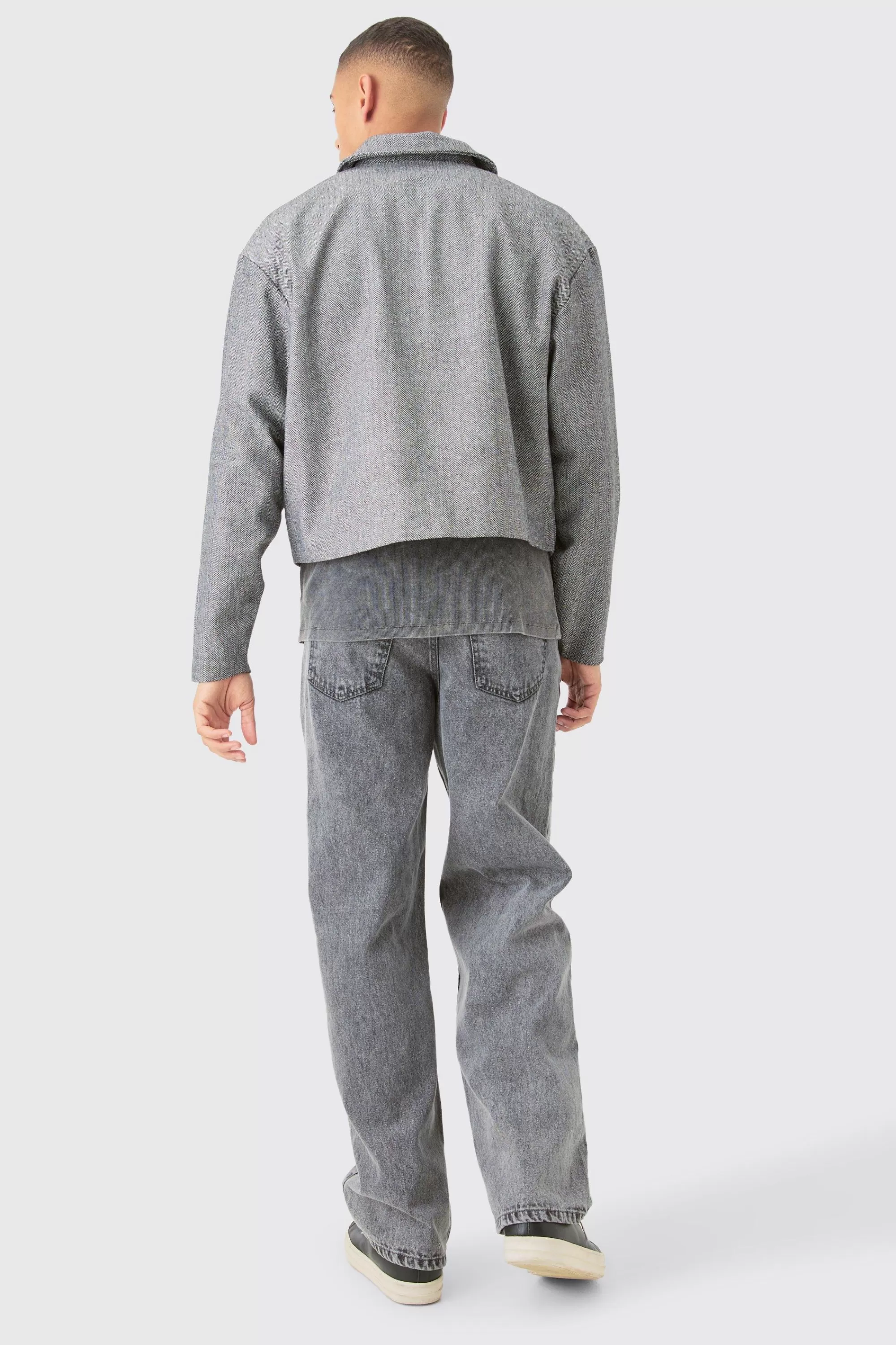 boohooMAN Boxy Herringbone Collared Jacket | UK