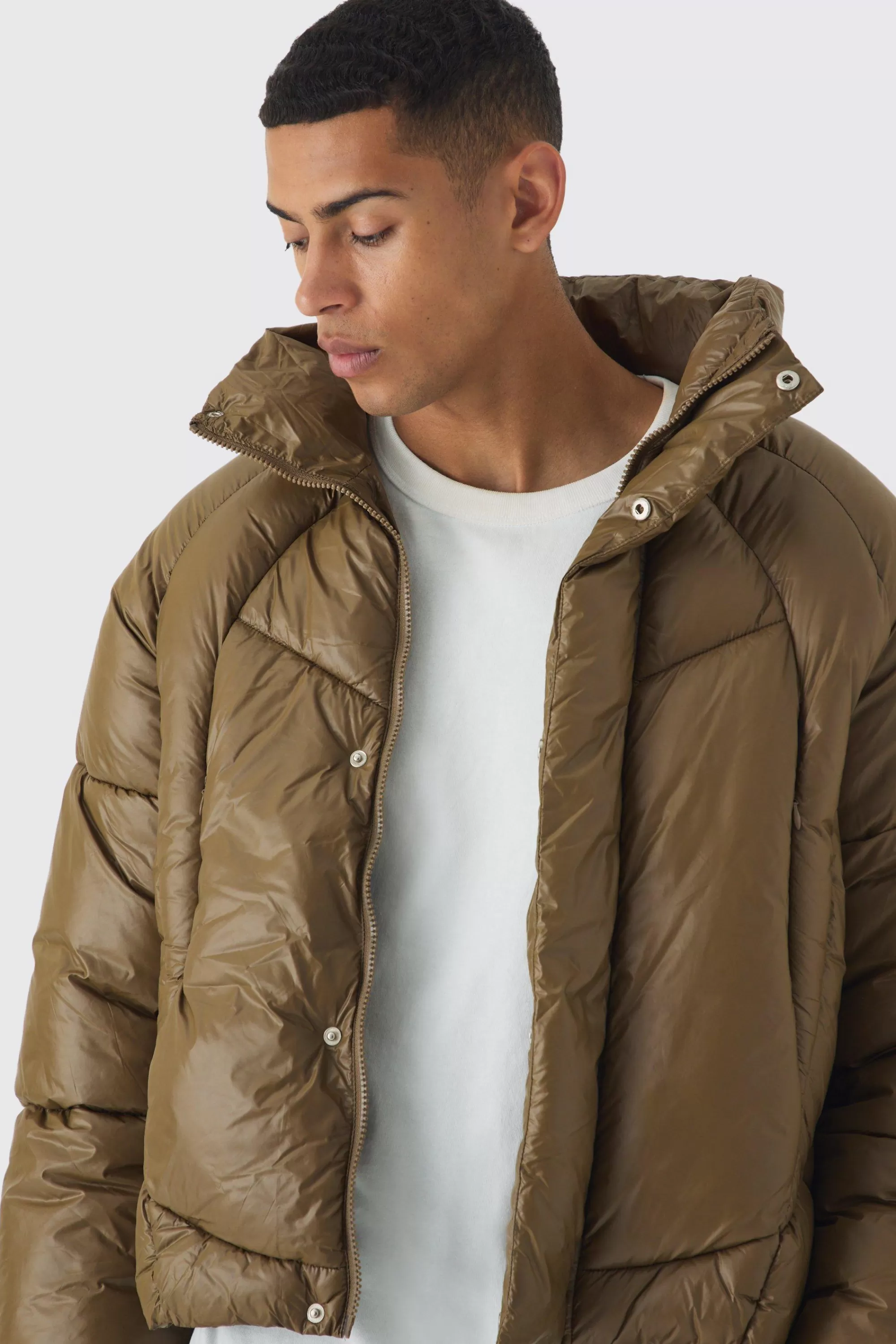 boohooMAN Boxy High Shine Nylon Abstract Quilted Funnel Neck Puffer In | UK