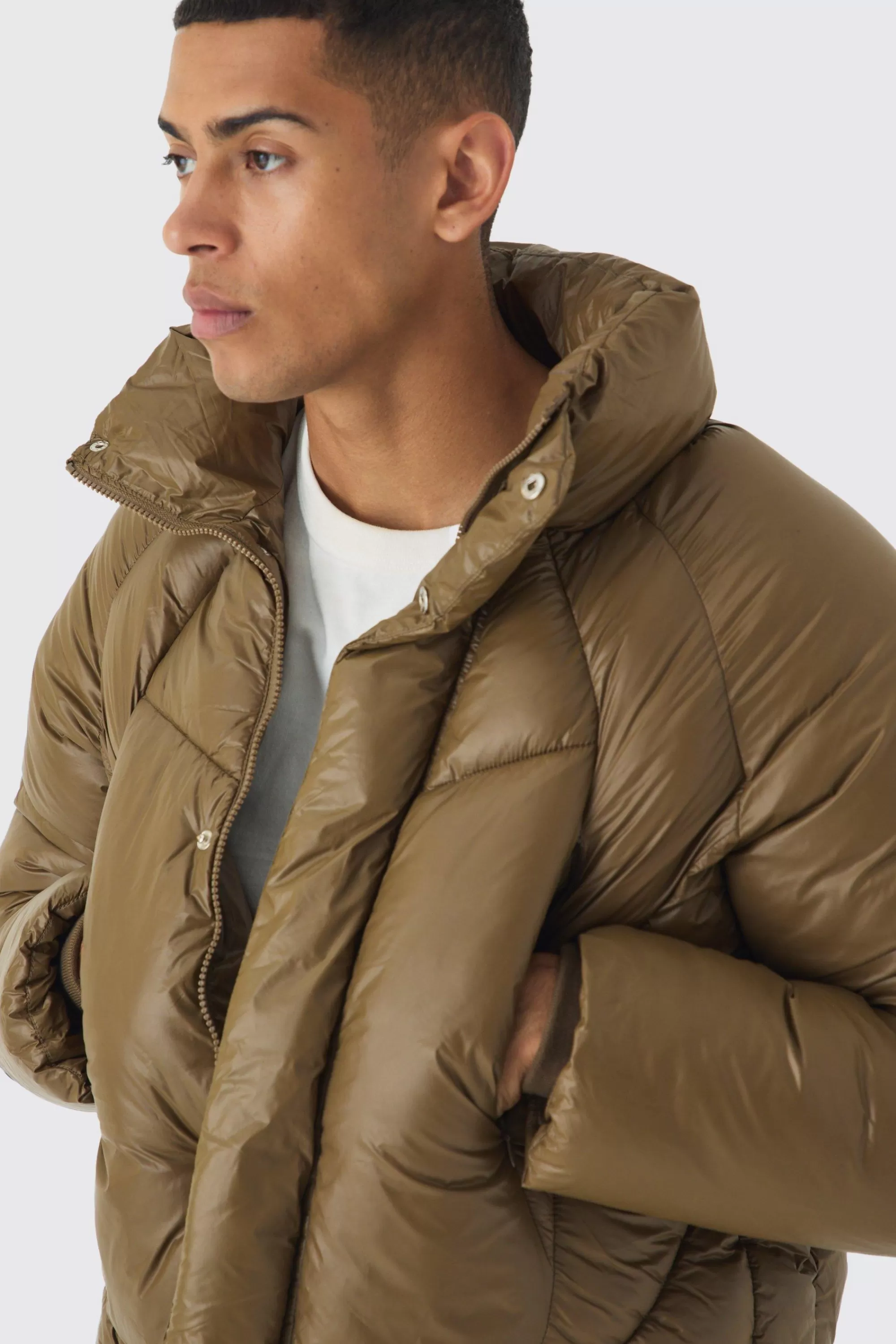 boohooMAN Boxy High Shine Nylon Abstract Quilted Funnel Neck Puffer In | UK