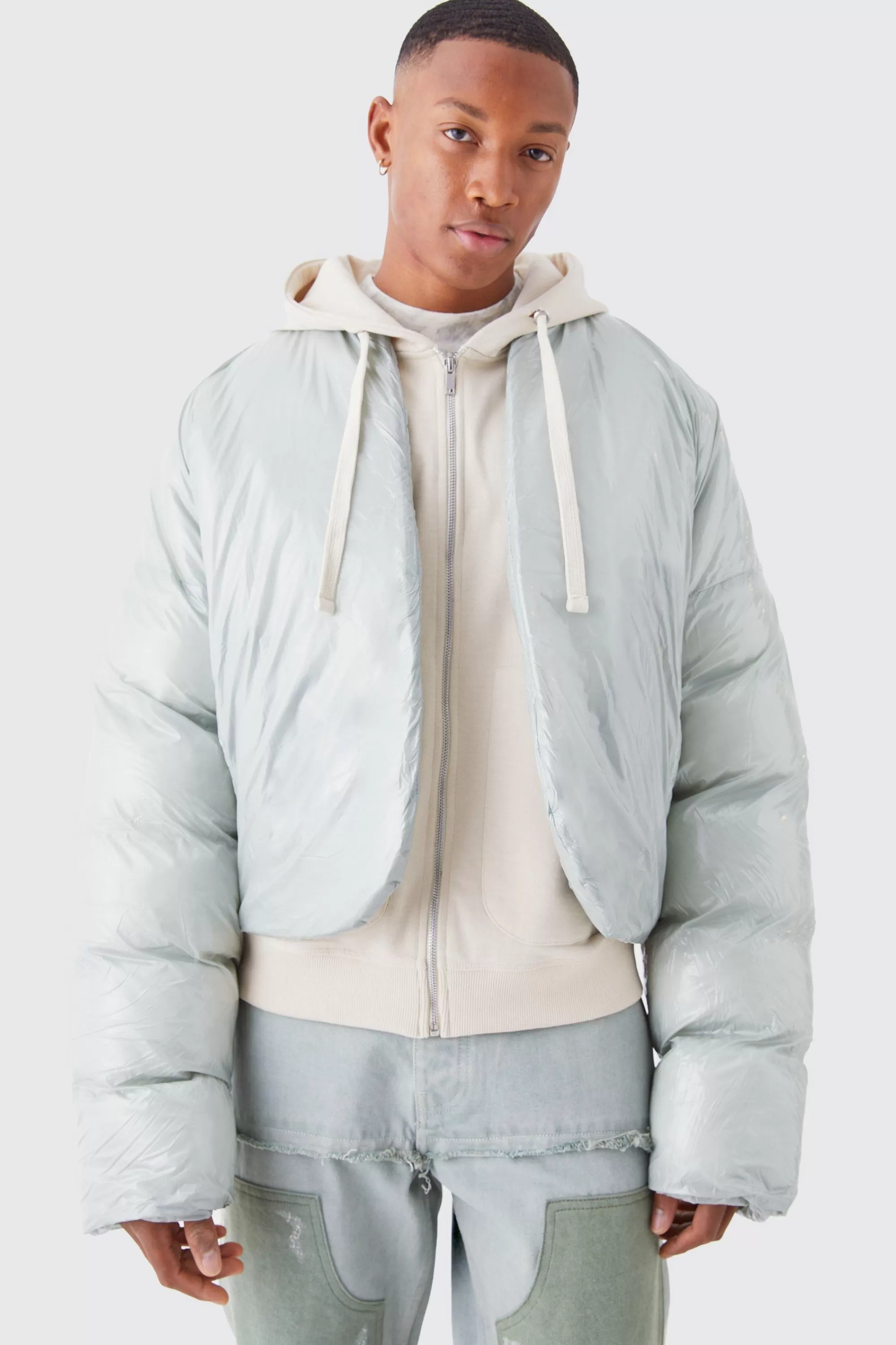 boohooMAN Boxy High Shine Volume Padded Puffer Bomber | UK
