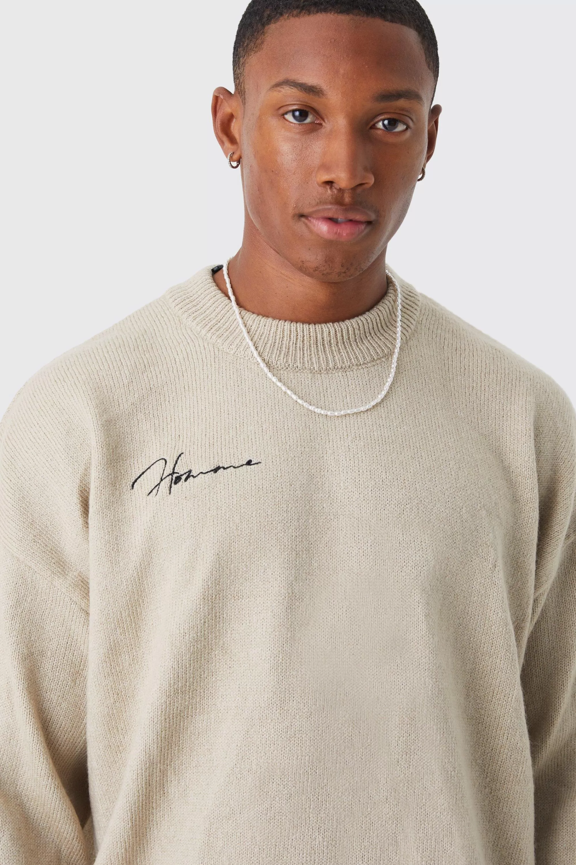 boohooMAN Boxy Homme Extended Neck Brushed Rib Knit Jumper | UK