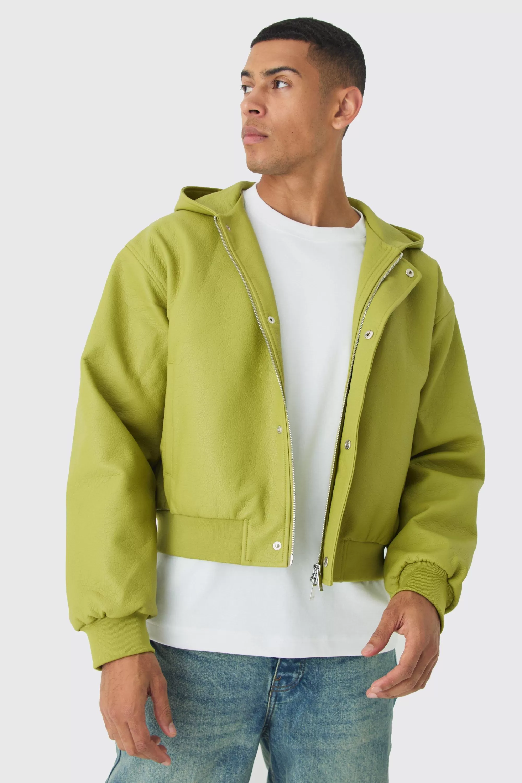 boohooMAN Boxy Hooded Pu Bomber Jacket In | UK
